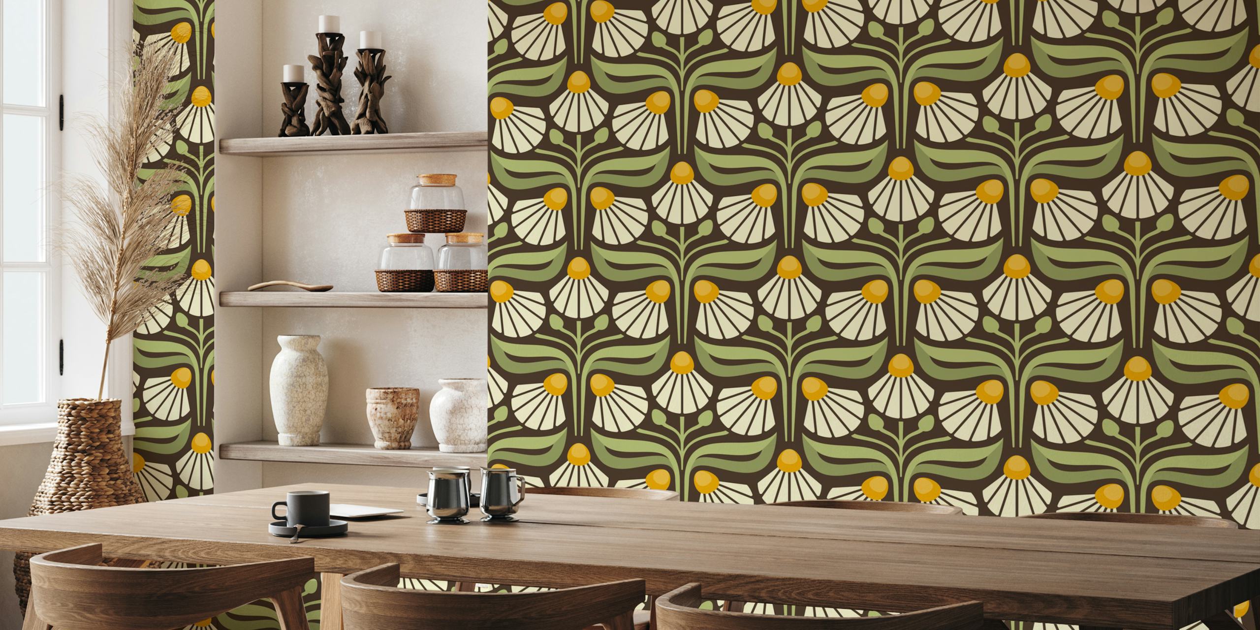 Vintage floral pattern with cream flowers and yellow centers on a dark green background wallpaper