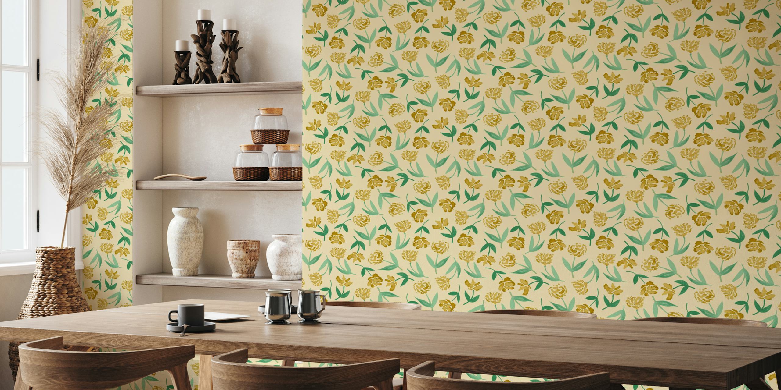Floral pattern with gold flowers and green leaves on beige wallpaper