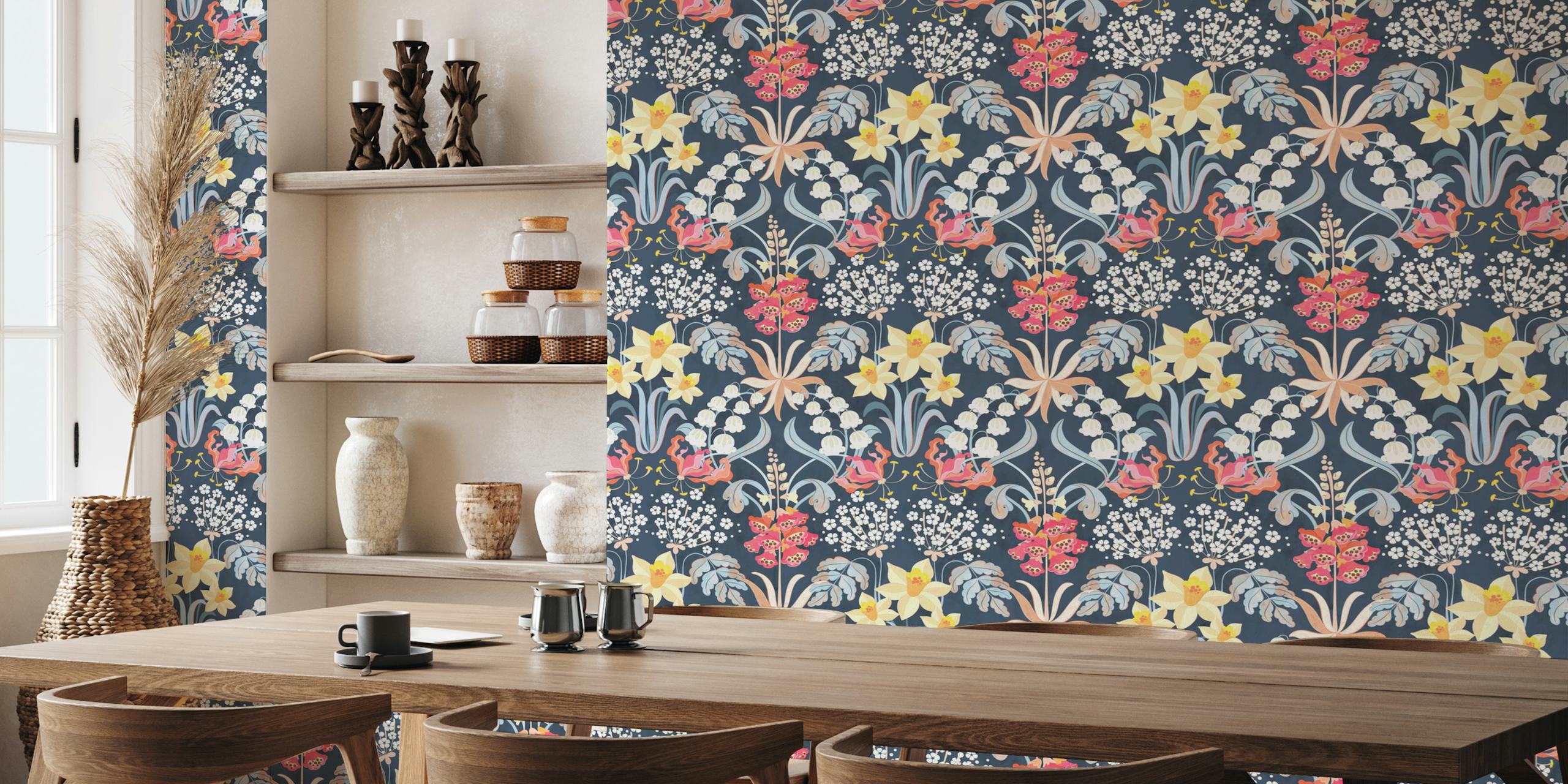 Design de papel de parede floral em um quarto