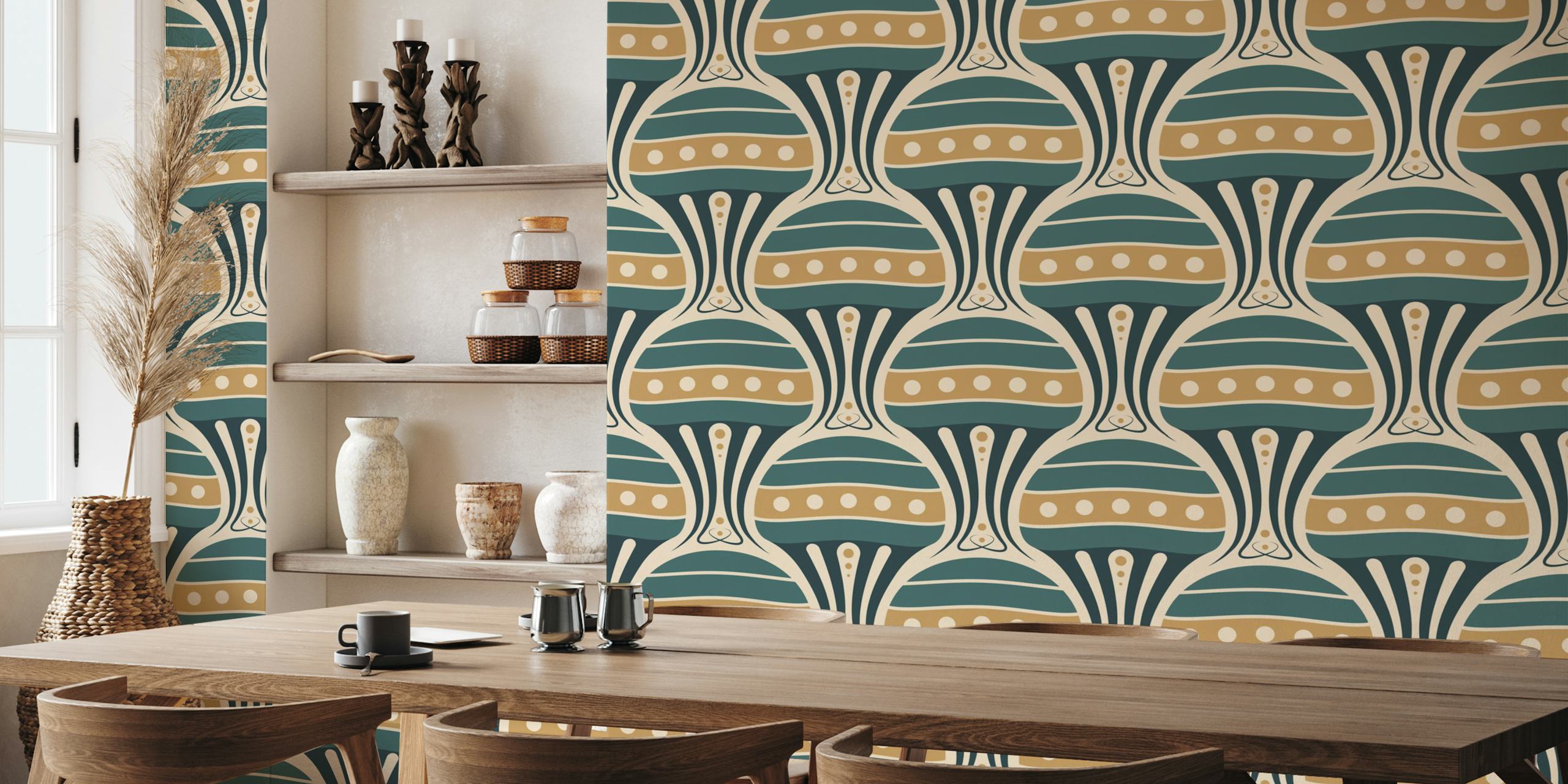 Vintage jellyfish design in green and gold on beige wallpaper