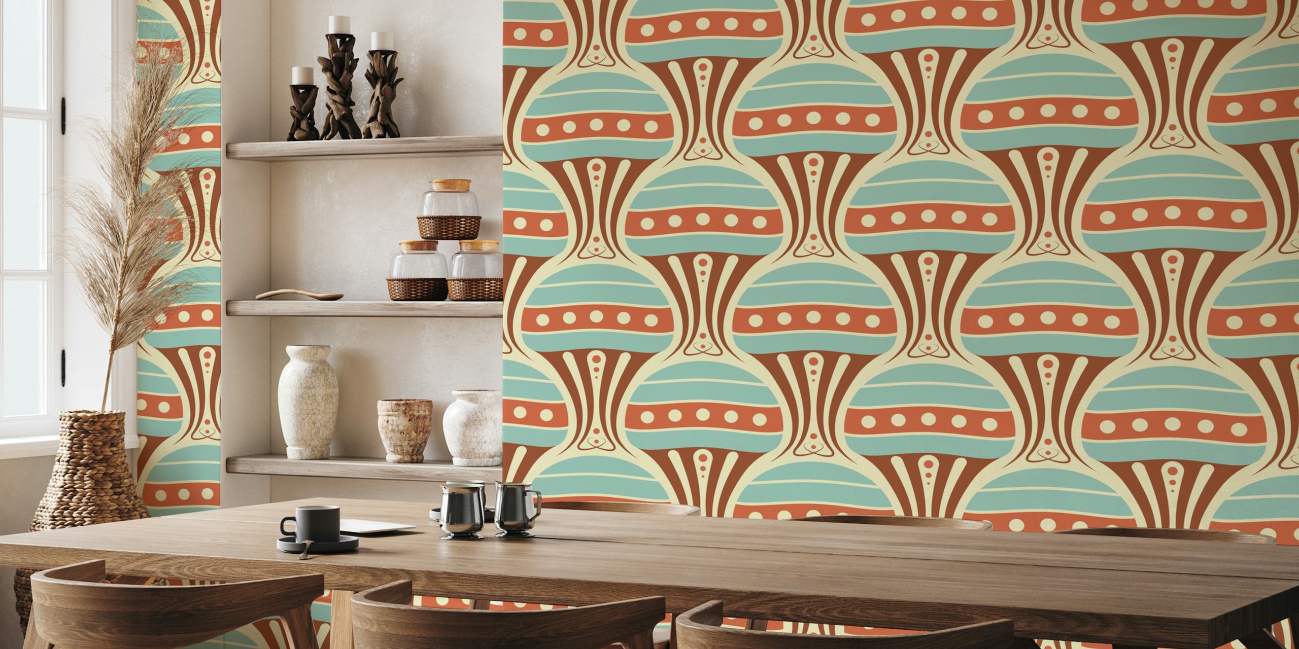 Vintage jellyfish pattern in red and turquoise colors wallpaper