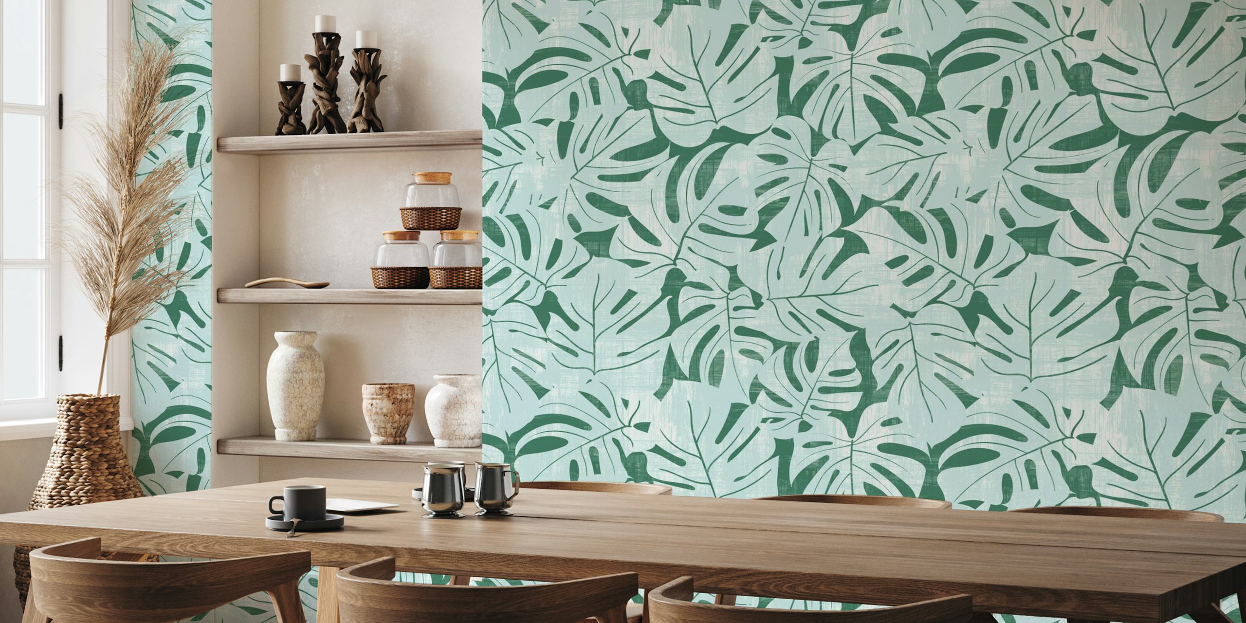 Jungle leaves wallpaper in Himmelblau und Tannenbaumgrün