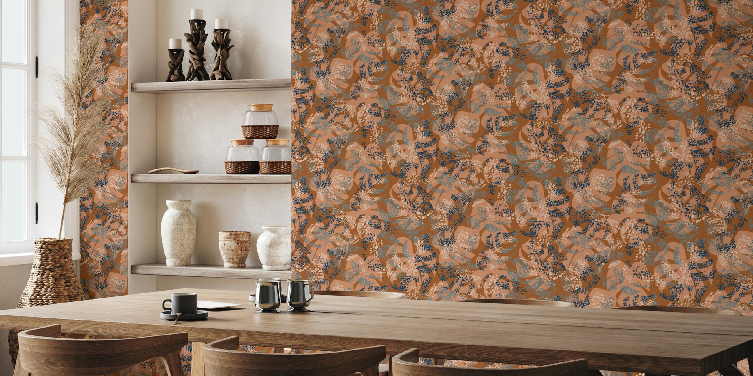 Tropical floral wallpaper in Sugar Almond colors featuring brown, beige, and navy blue leaves