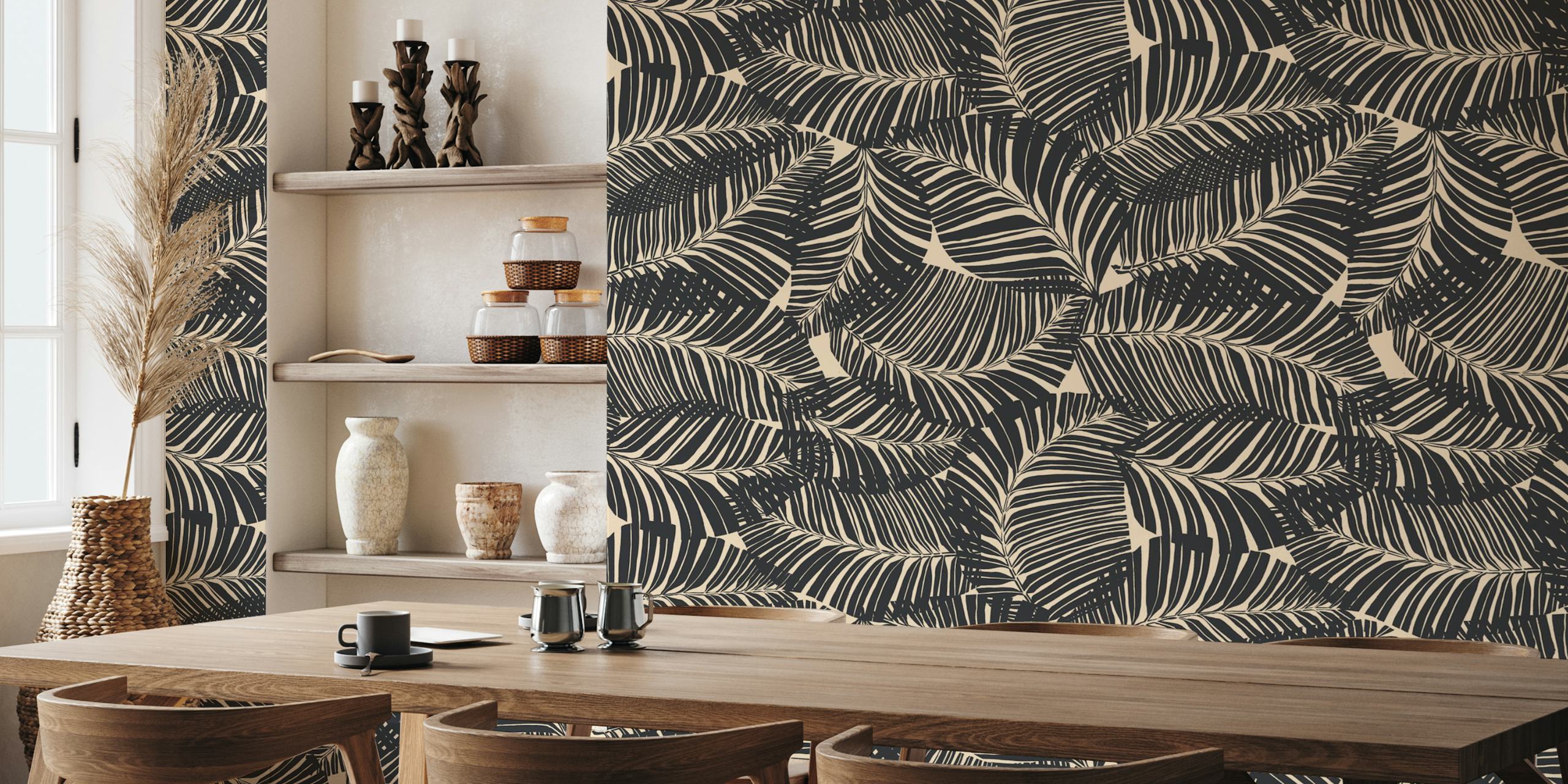 Tapeta Tropicana Leafy w czarno-kremowym pokoju