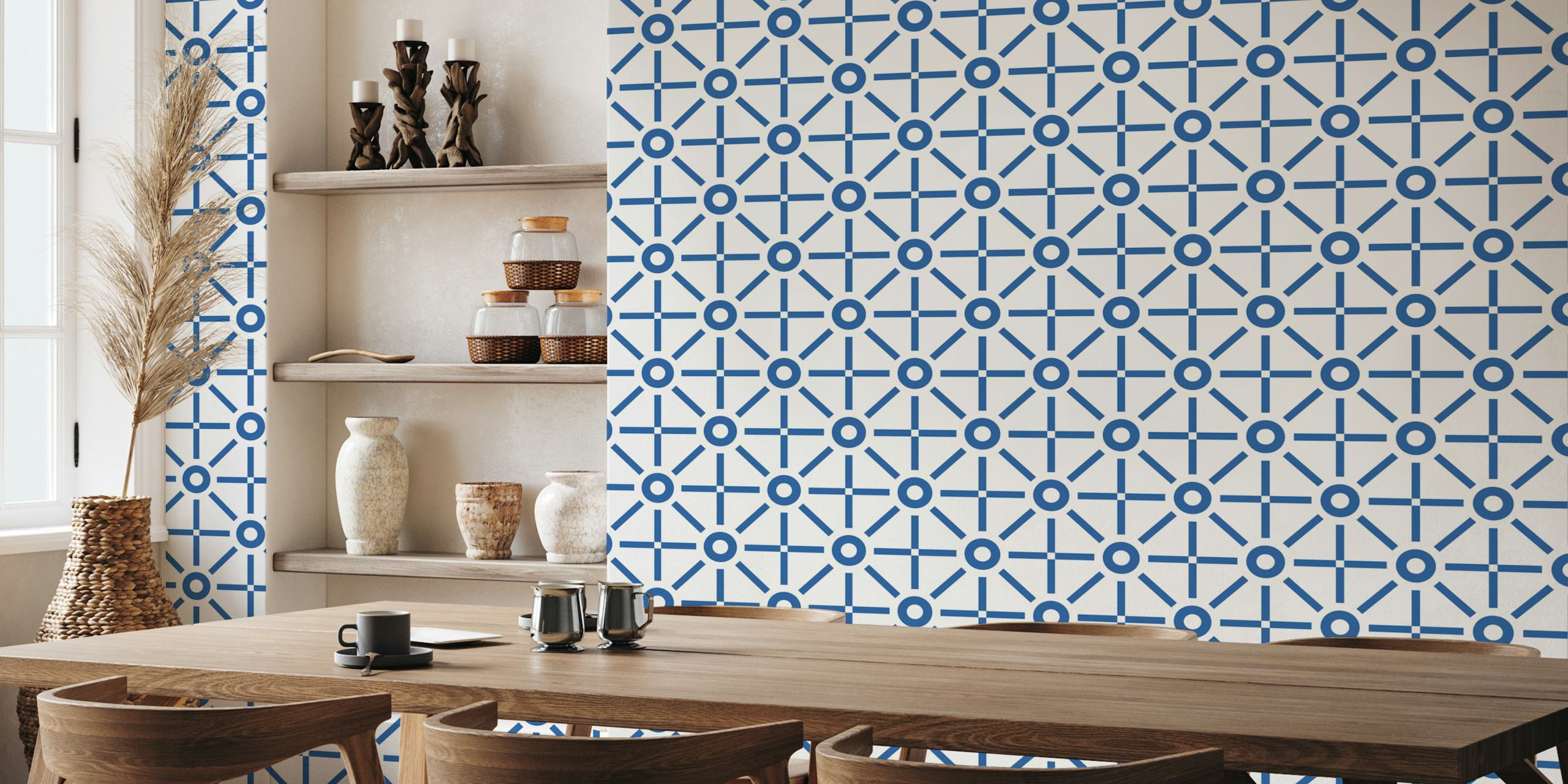 Geometric sun blue beige wallpaper in a room