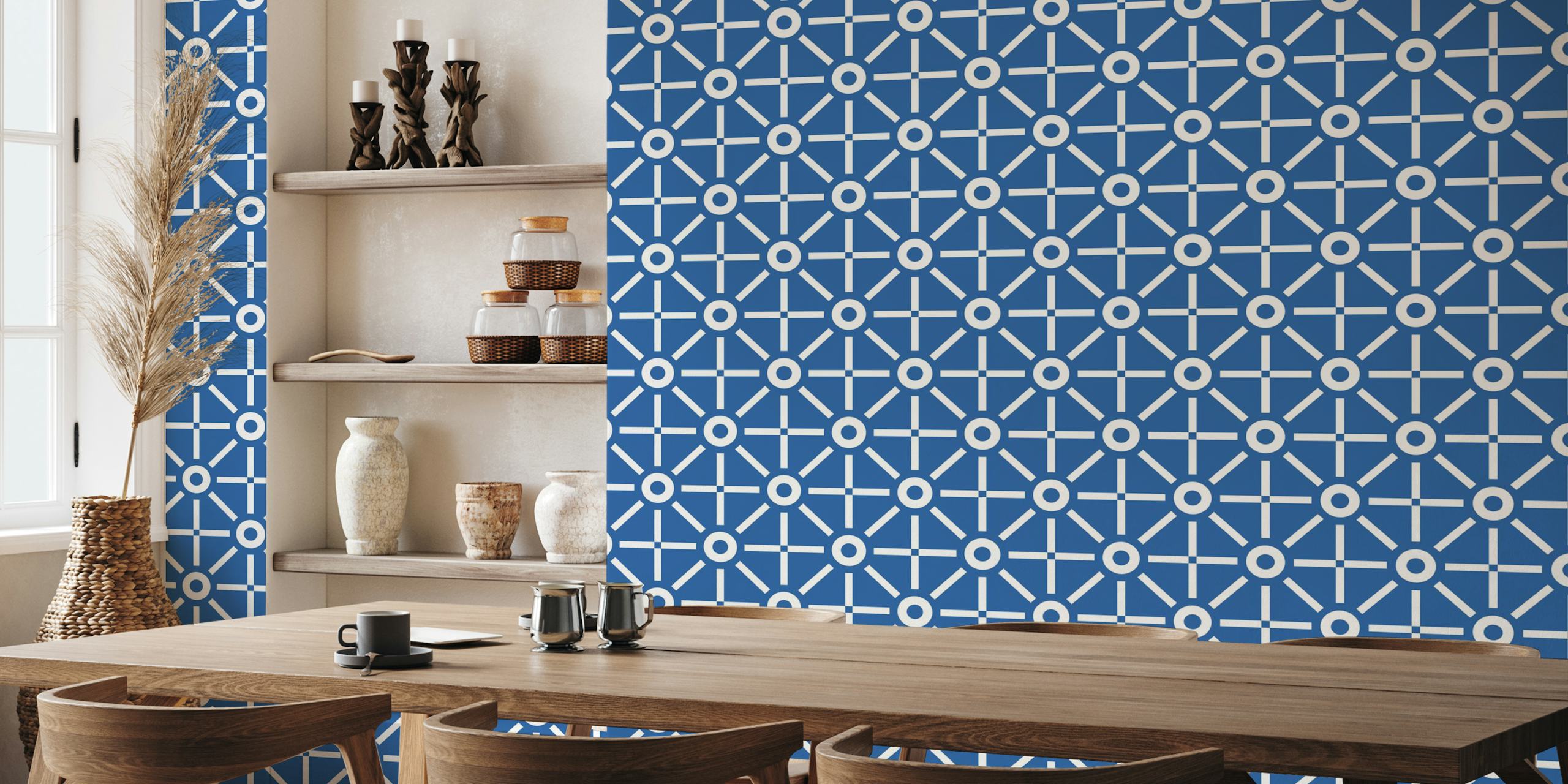 Blue geometric pattern wallpaper featuring white shapes.
