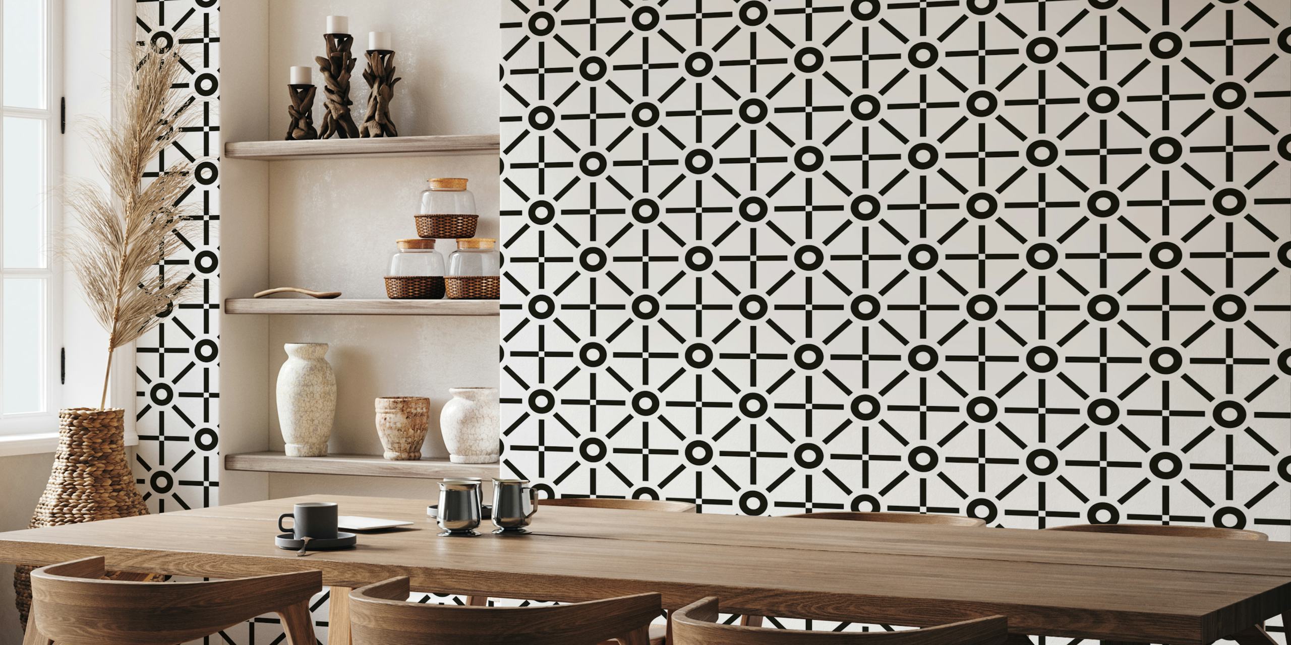 Geometric Sun Black and White wallpaper in a room