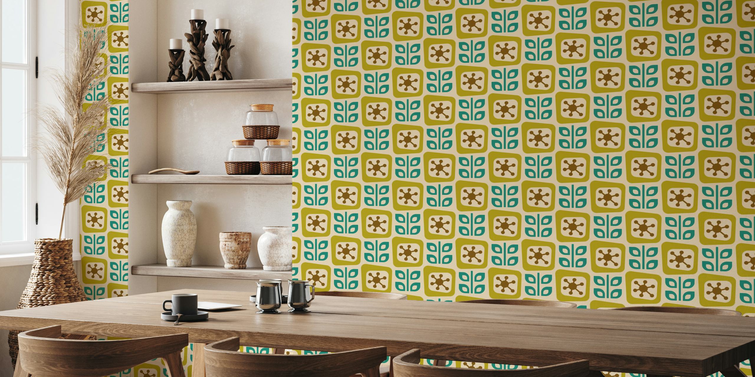 Organic Vintage Blocks in Green Brown wallpaper in a room