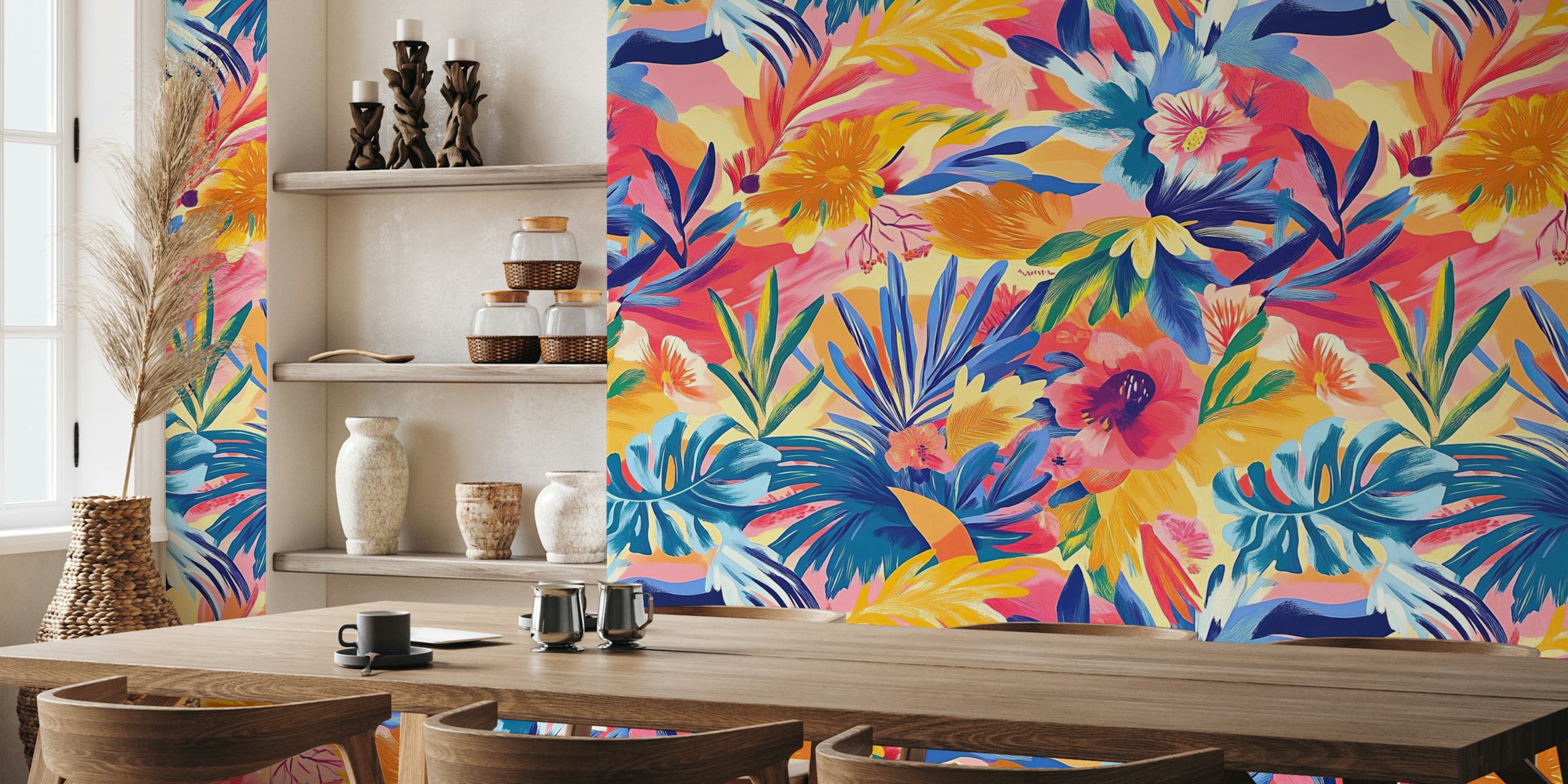 Colorful floral pattern with tropical leaves and flowers wallpaper