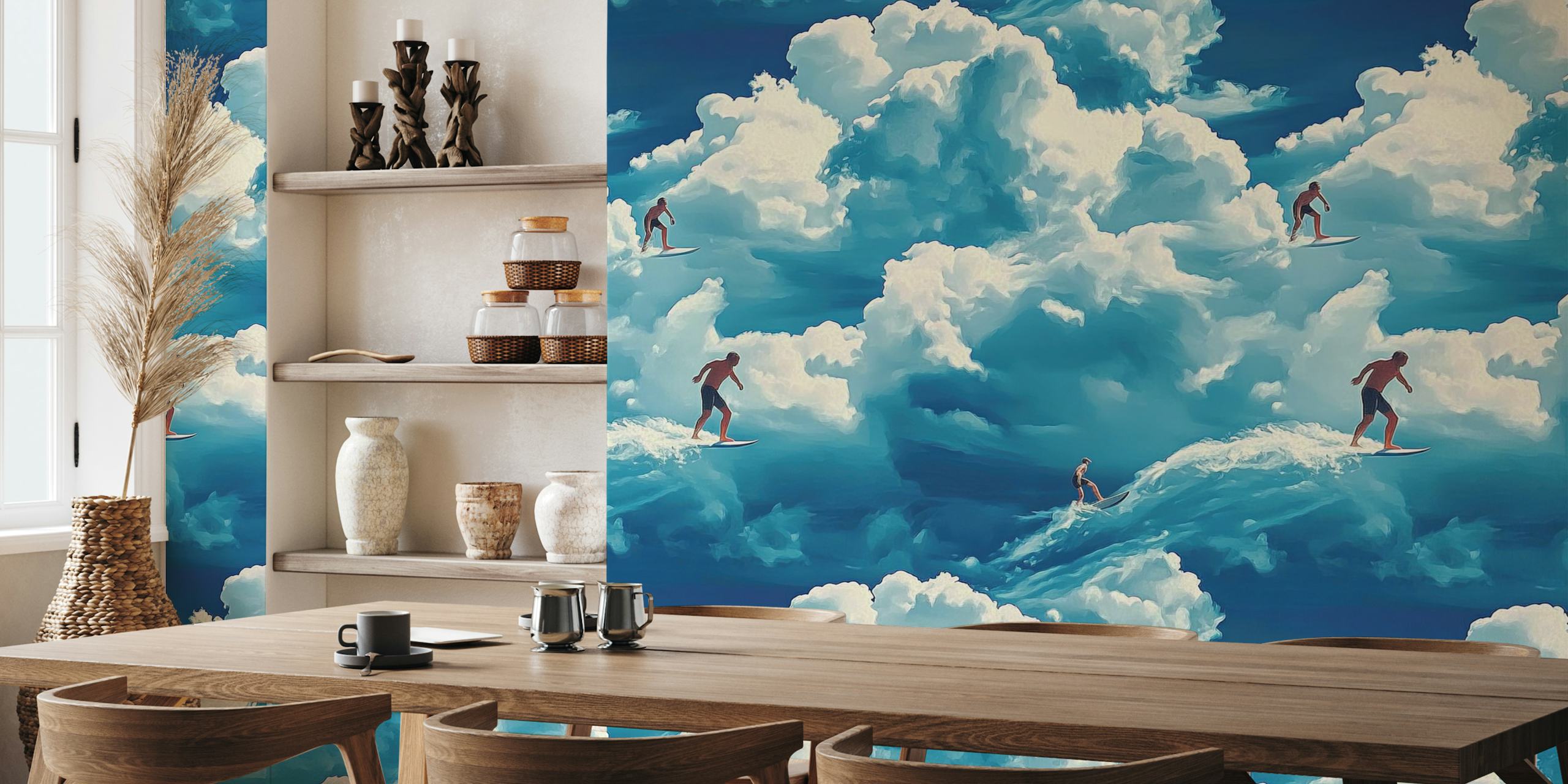 surfers riding waves in blue sky and clouds wallpaper