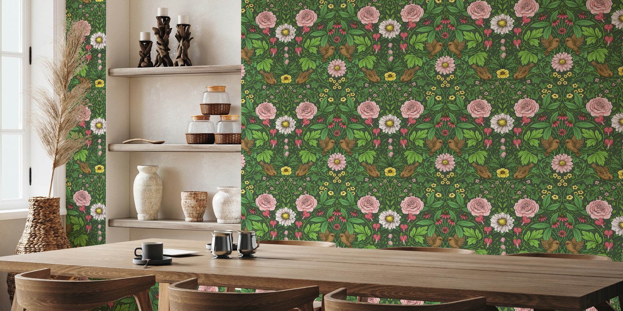 Floral garden wallpaper with pink roses, daisies, and birds on a green background