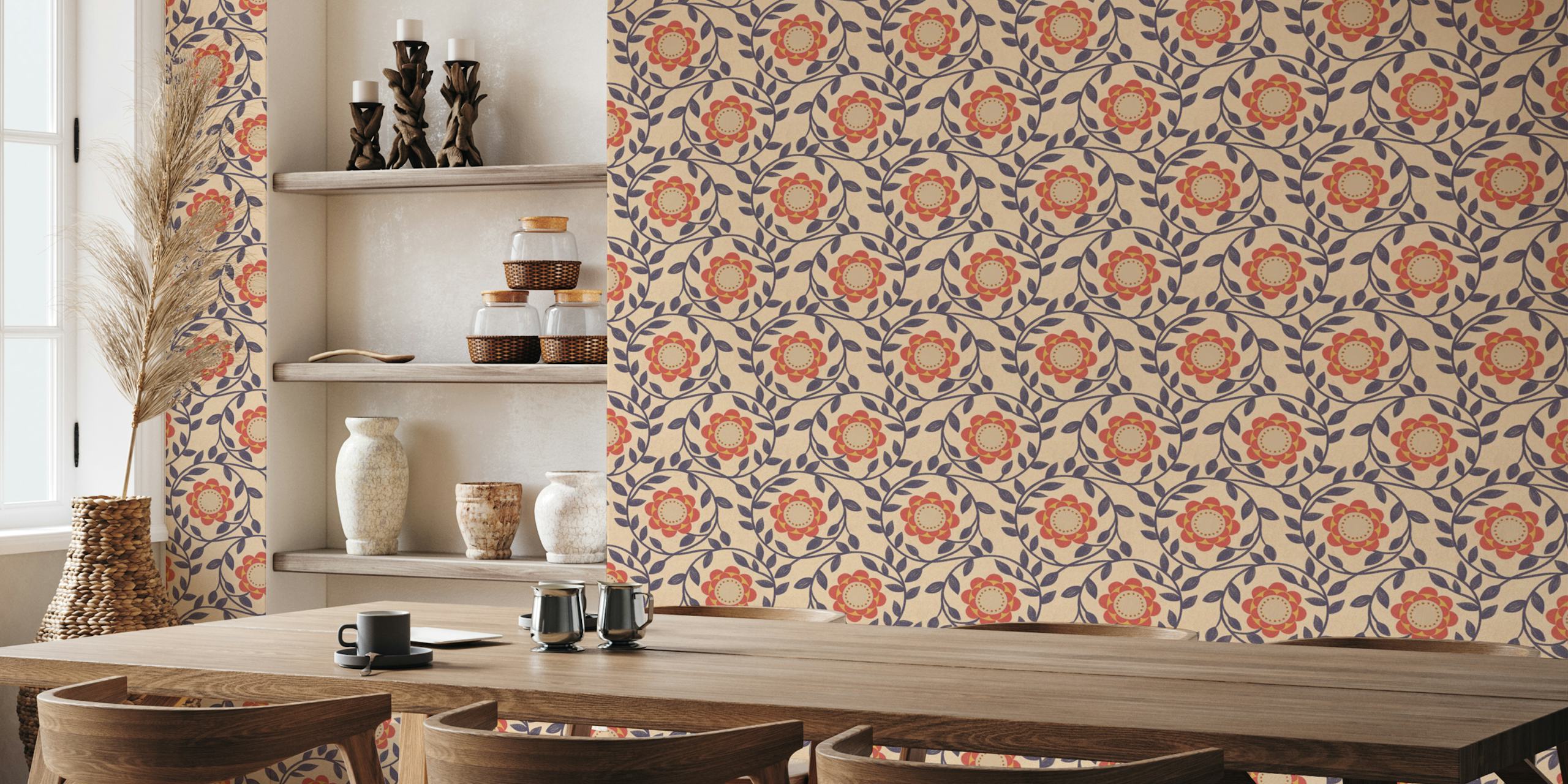 Colorful vintage floral design with red and beige flowers on blue background wallpaper