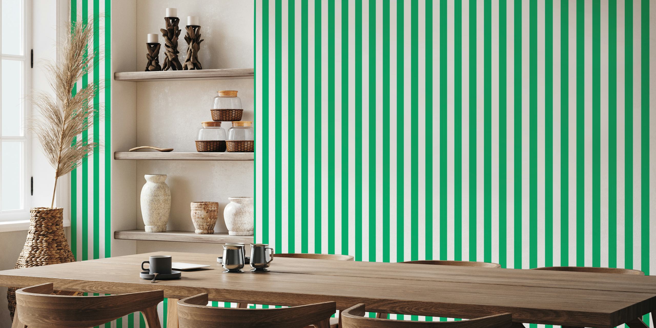 Jade green and white medium stripes wallpaper in a room