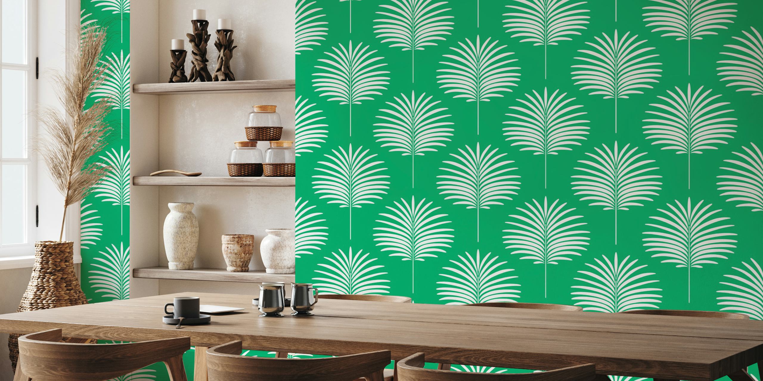 Ταπετσαρία Palm Leaves - Jade Green and White 1 σε ρύθμιση δωματίου
