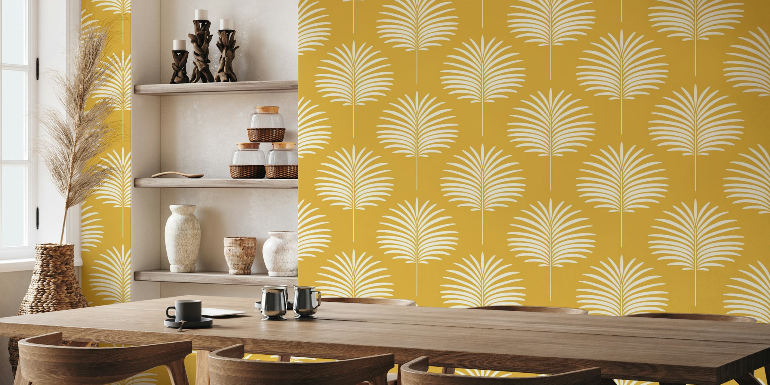 Papel tapiz Palm Leaves en mostaza y blanco