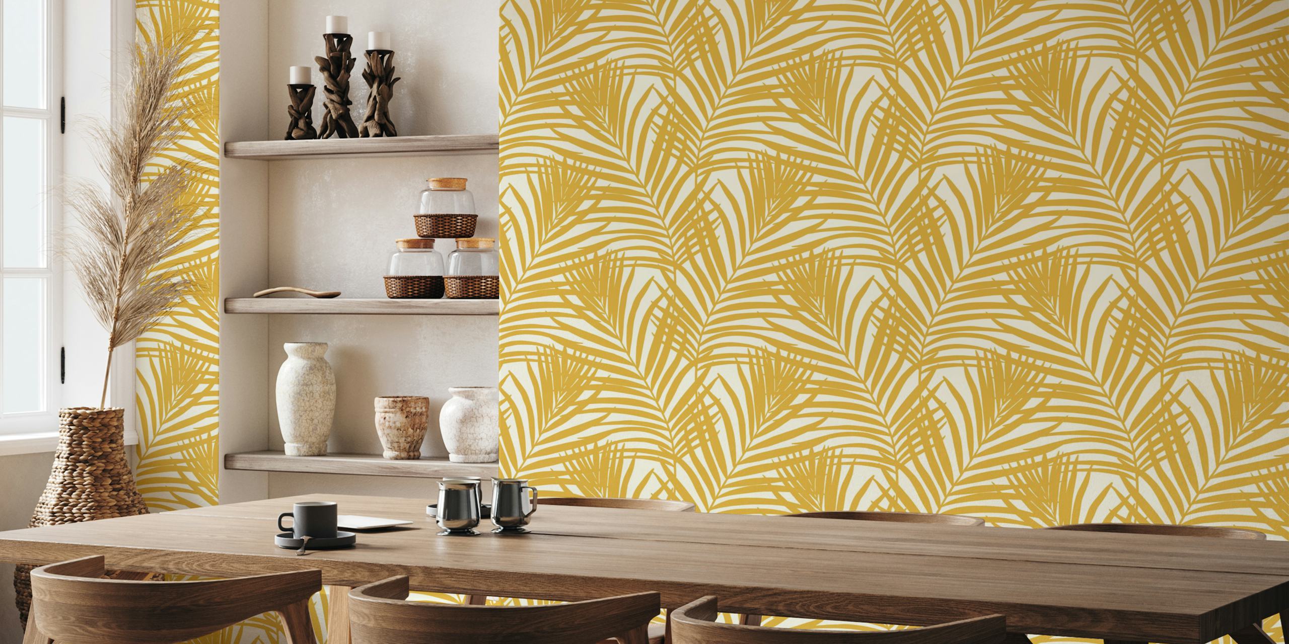 Coastal palm leaves wallpaper in mustard yellow