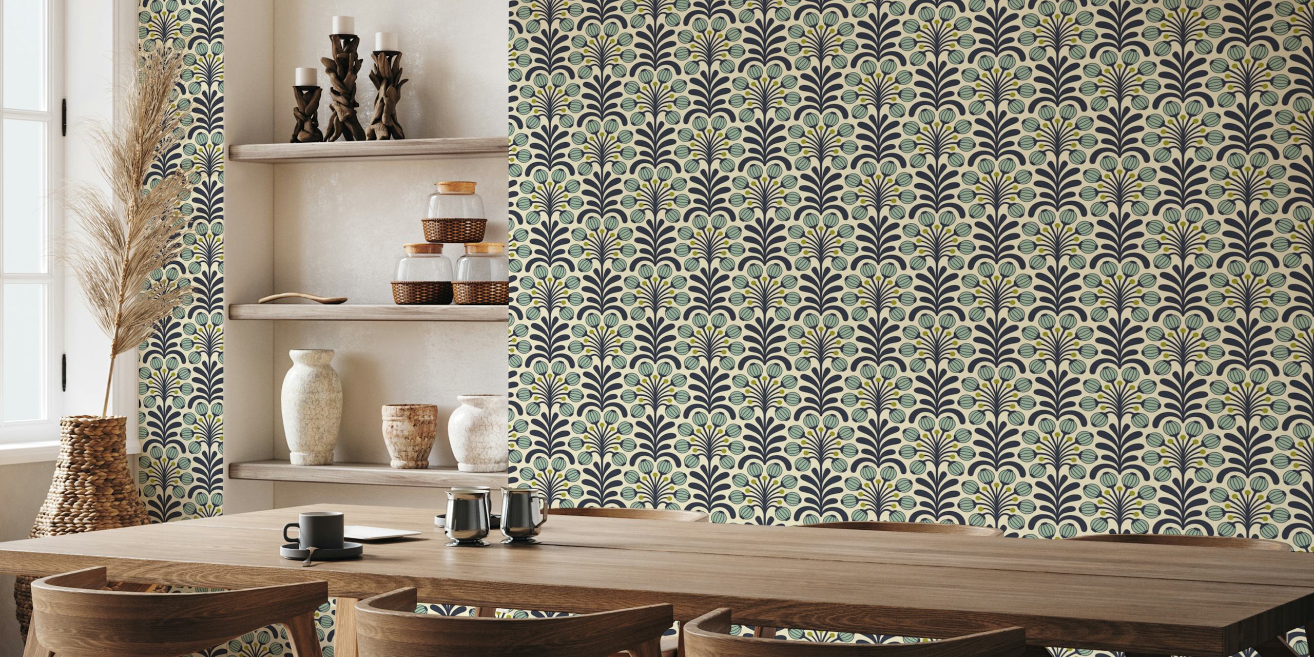 Retro Poppy Fantasy in Green wallpaper design