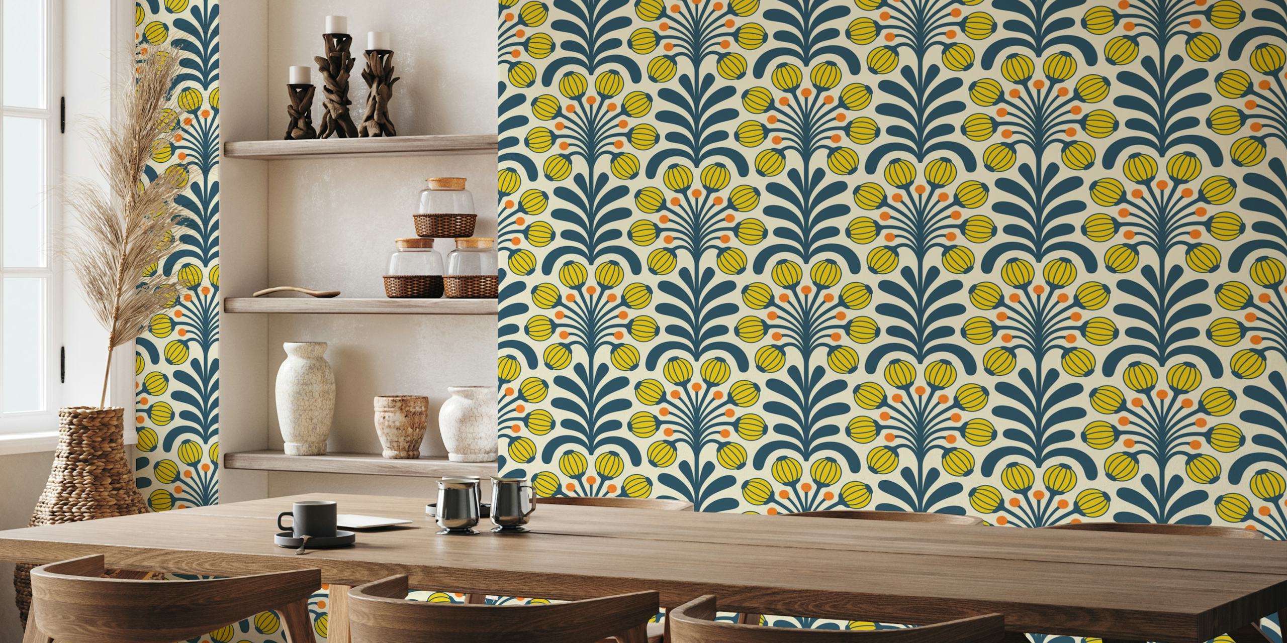 Yellow floral pattern with navy green vines wallpaper