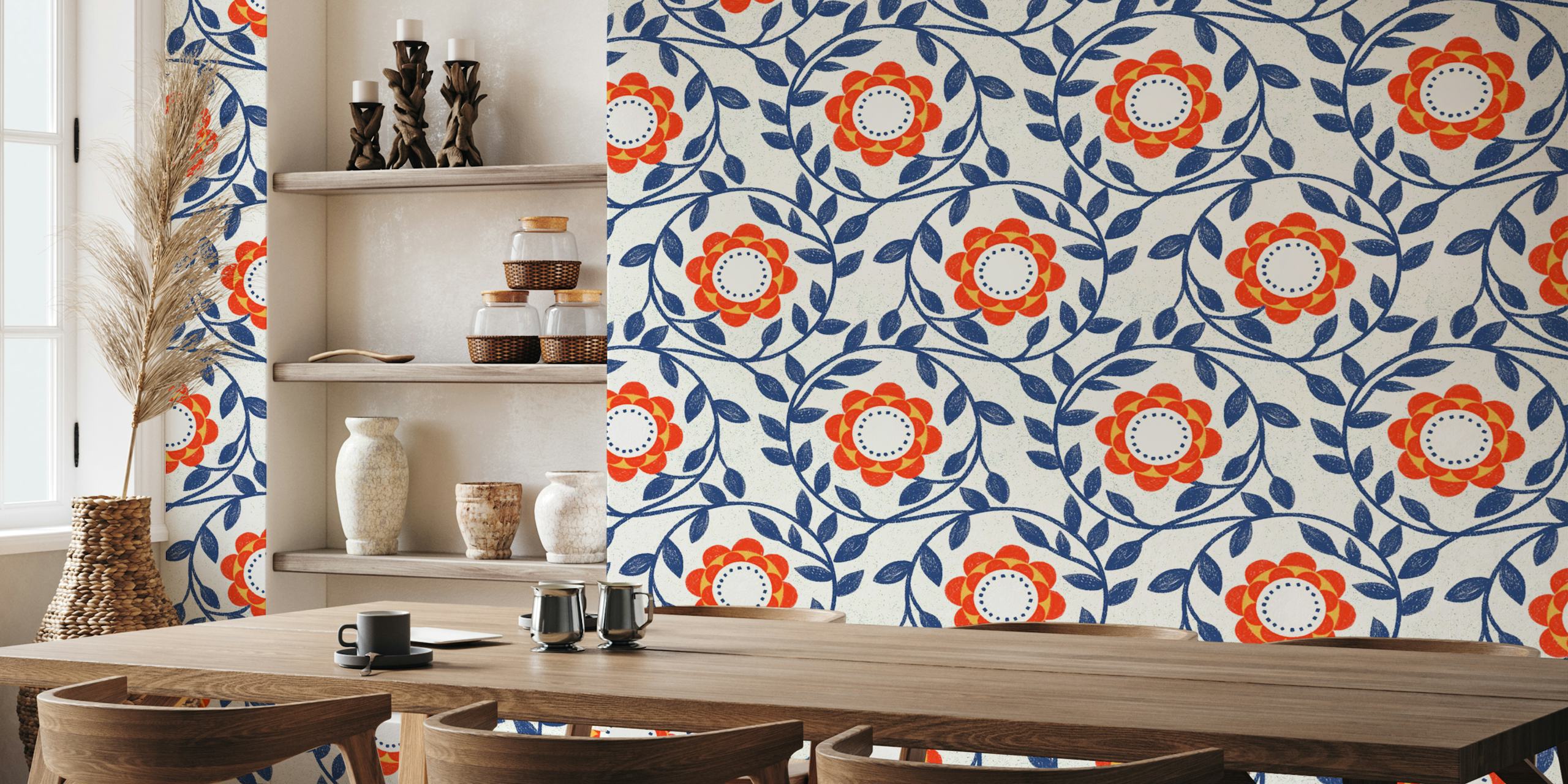 Vintage floral wallpaper en rojo y azul