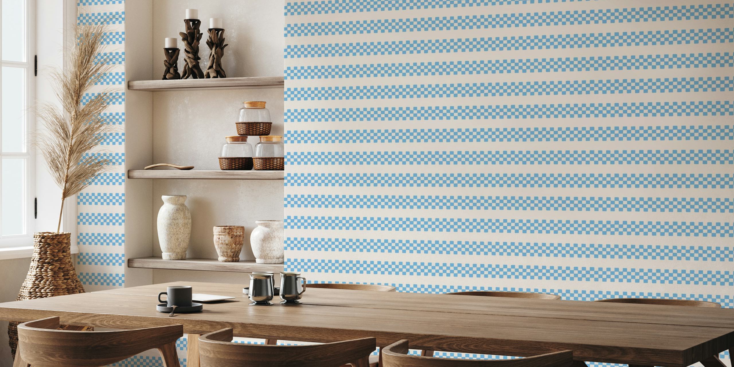Tapeta Checkered Stripes Blue Beige w pokoju