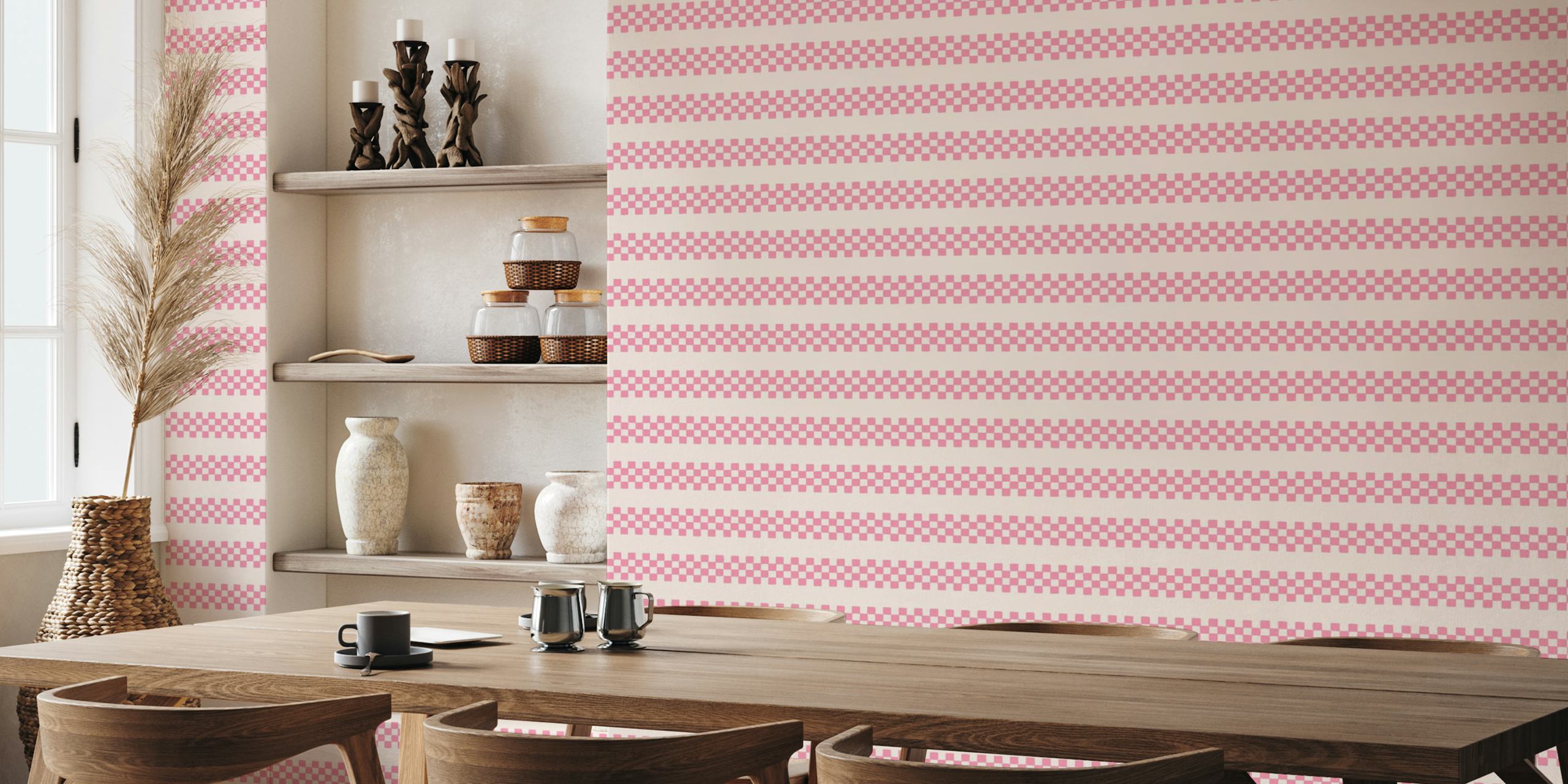 Papel de parede Checkered Stripes Pink Blush em um quarto