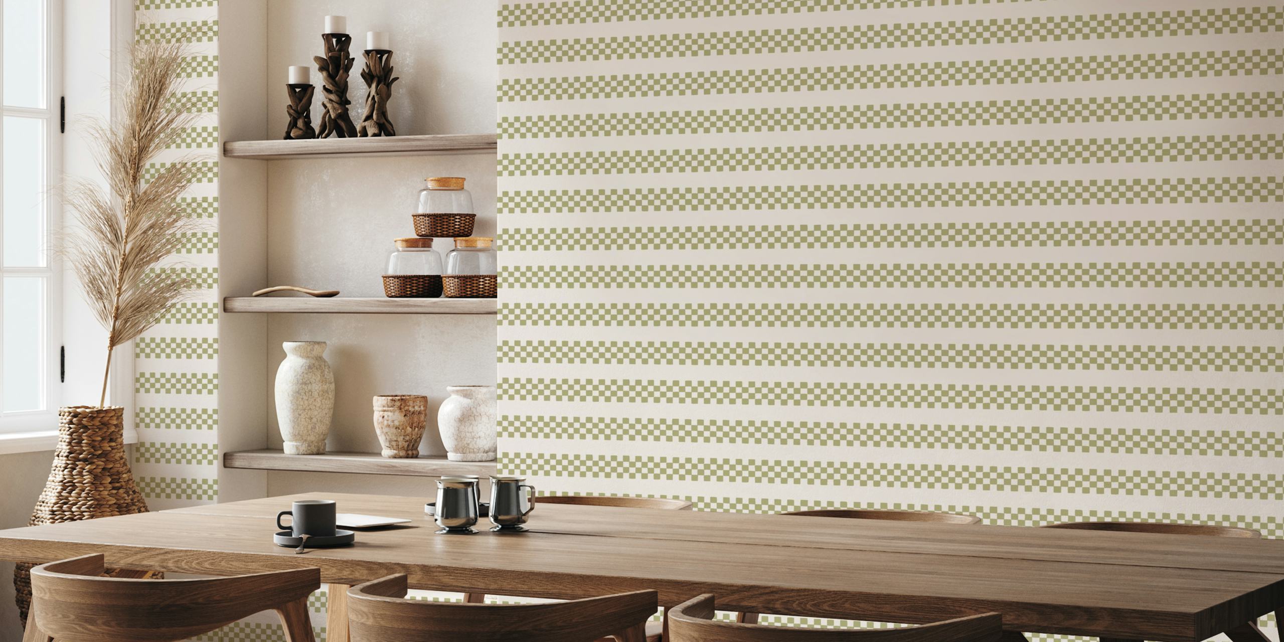 Checkered Stripes Willow Green Beige wallpaper in a room