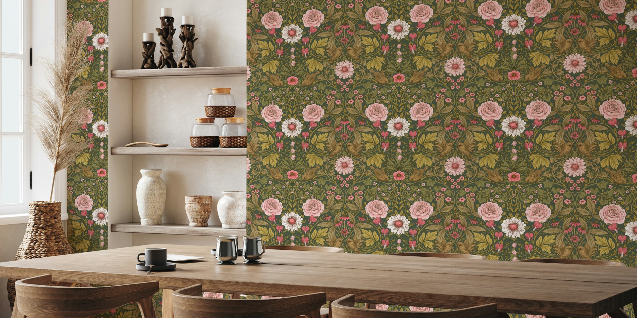 Floral pattern with pink roses and green leaves wallpaper