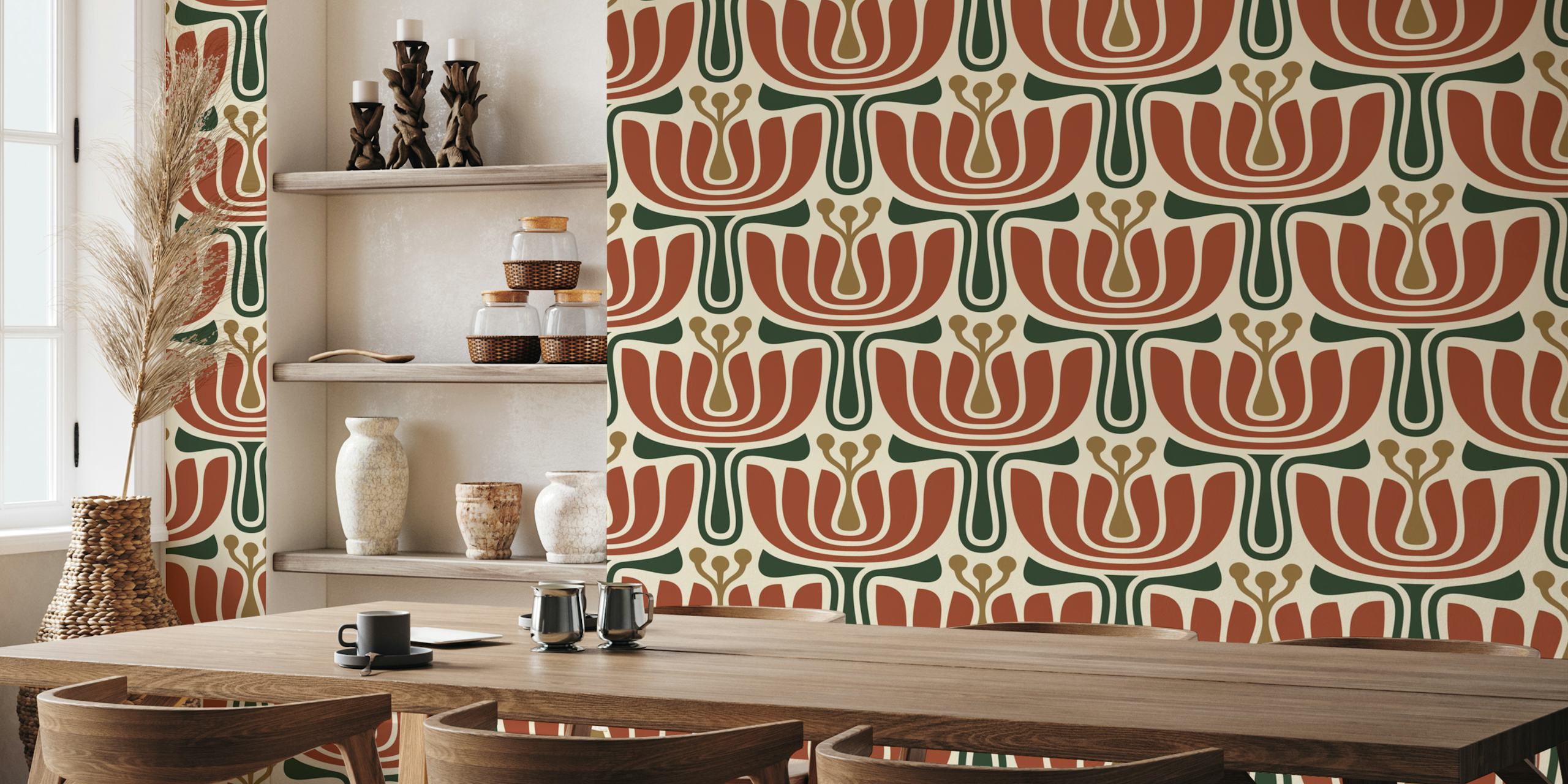 Vintage petal pattern in red and green tones wallpaper