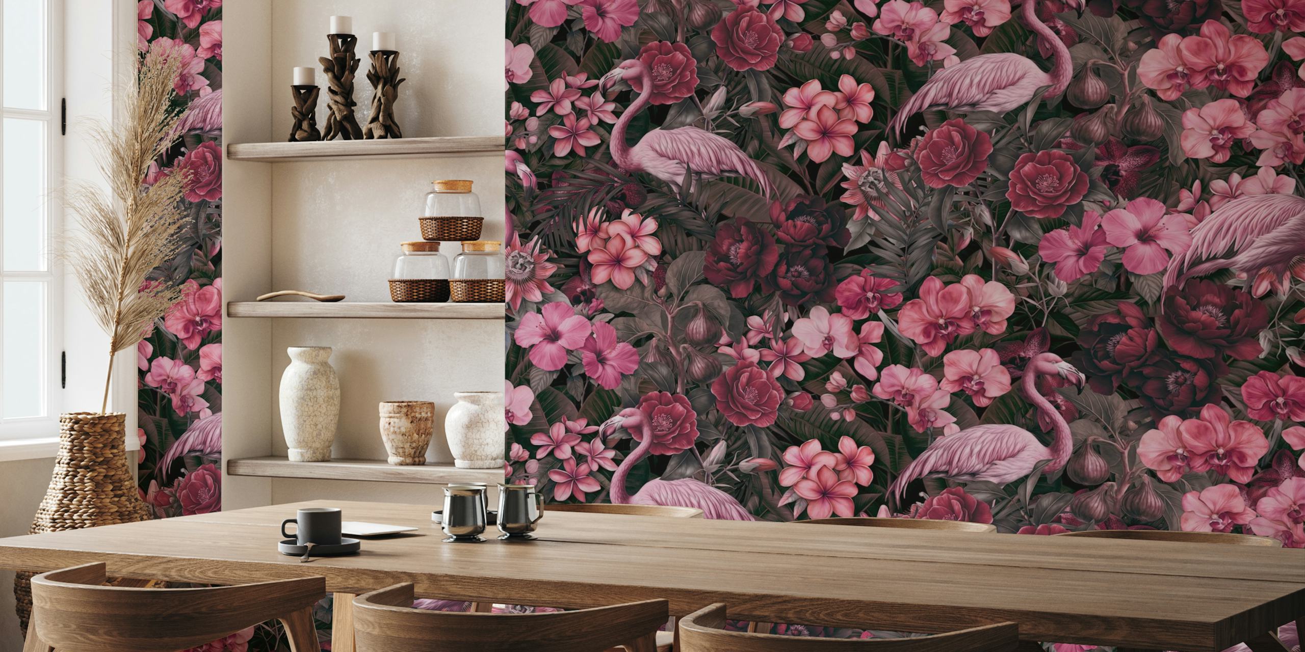 Flamingos and pink tropical flowers floral wallpaper