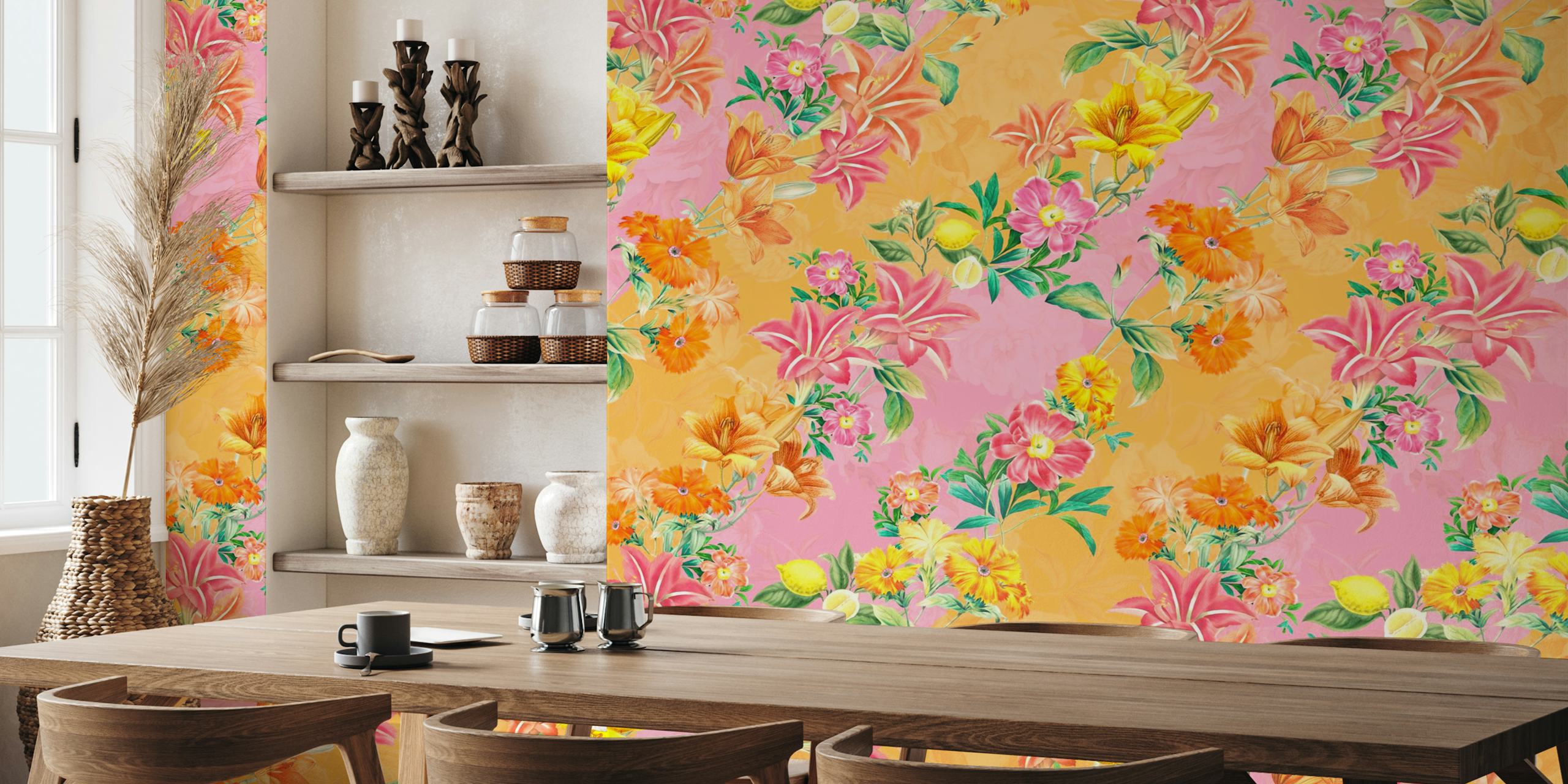 Colorful tropical flowers and lemon foliage wallpaper