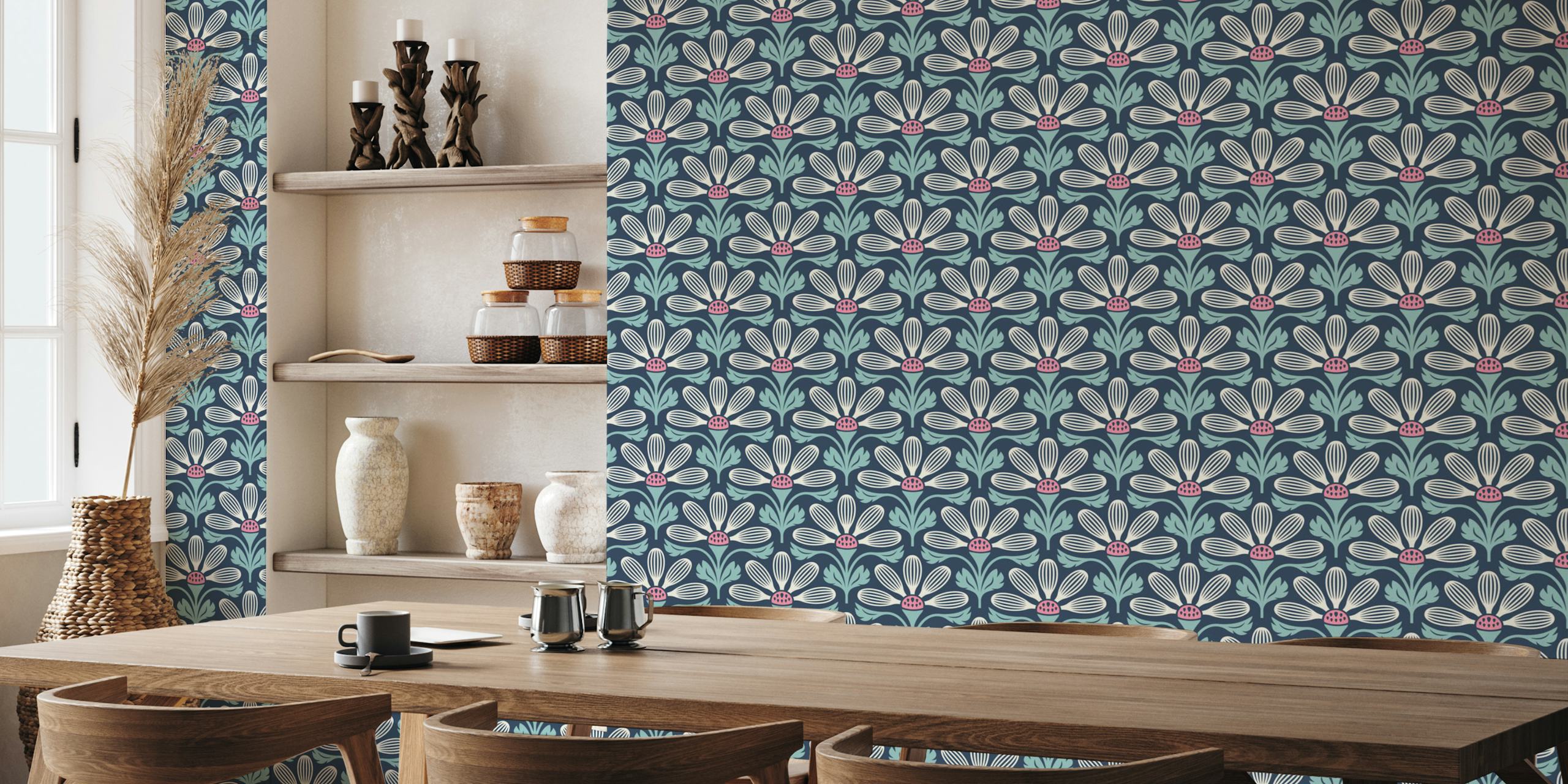 Navy floral design with white petals and pink centers wallpaper