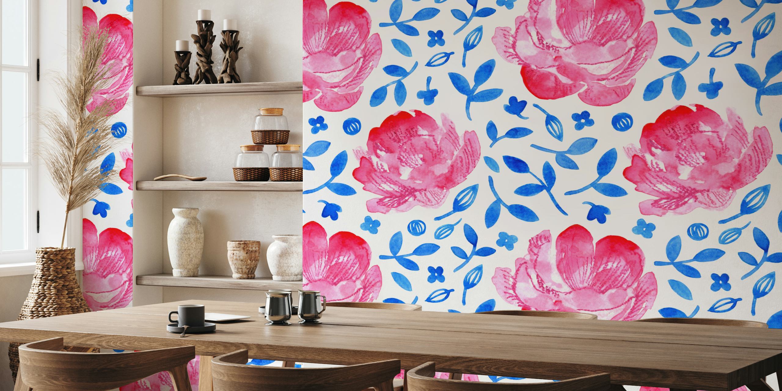 China pink and blue watercolour floral ταπετσαρία σε ένα δωμάτιο