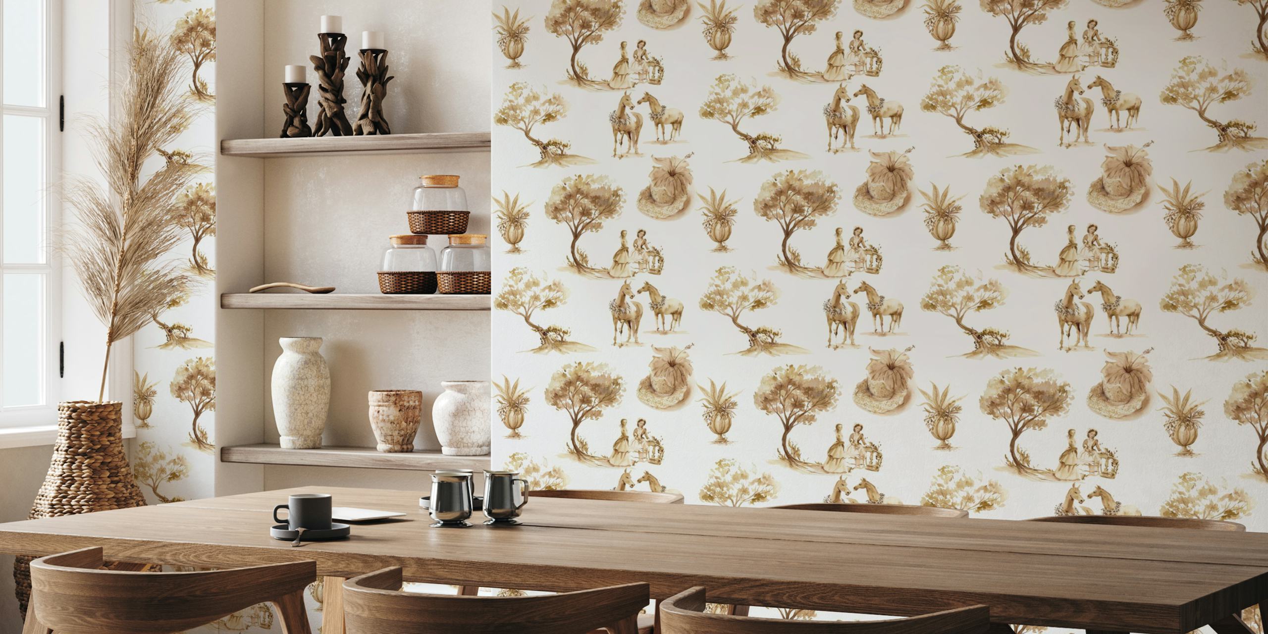 Elegant Pastoral Toile in Sepia wallpaper design