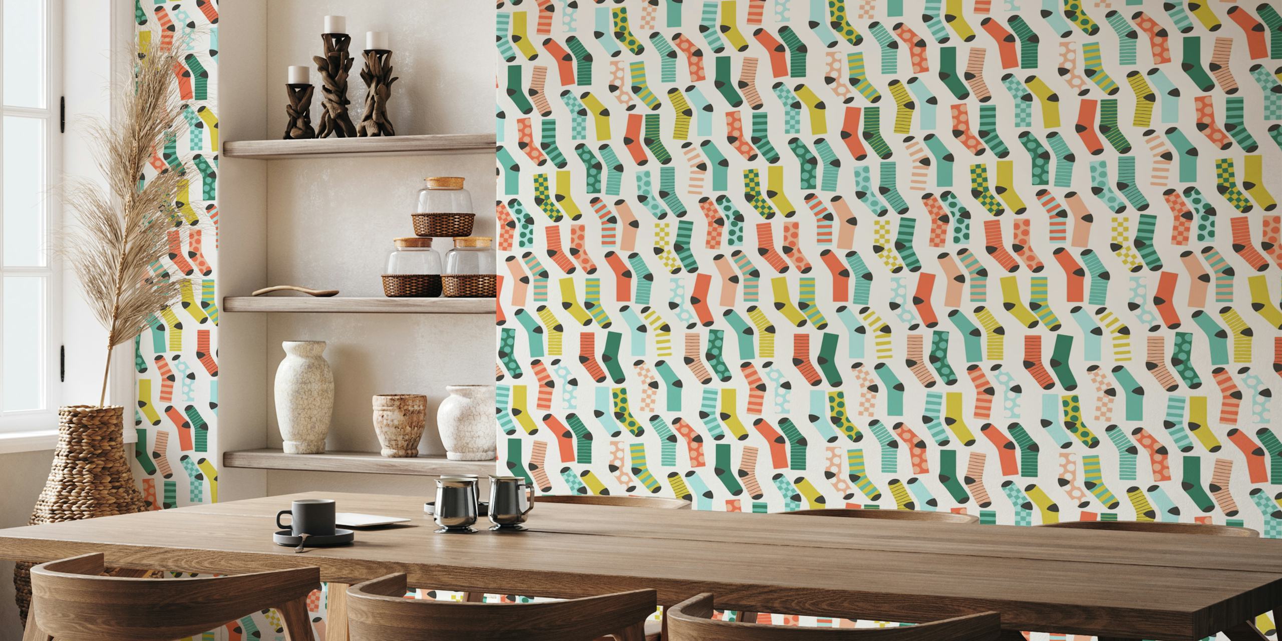 Colorful sock patterns in teal, pink, and green wallpaper