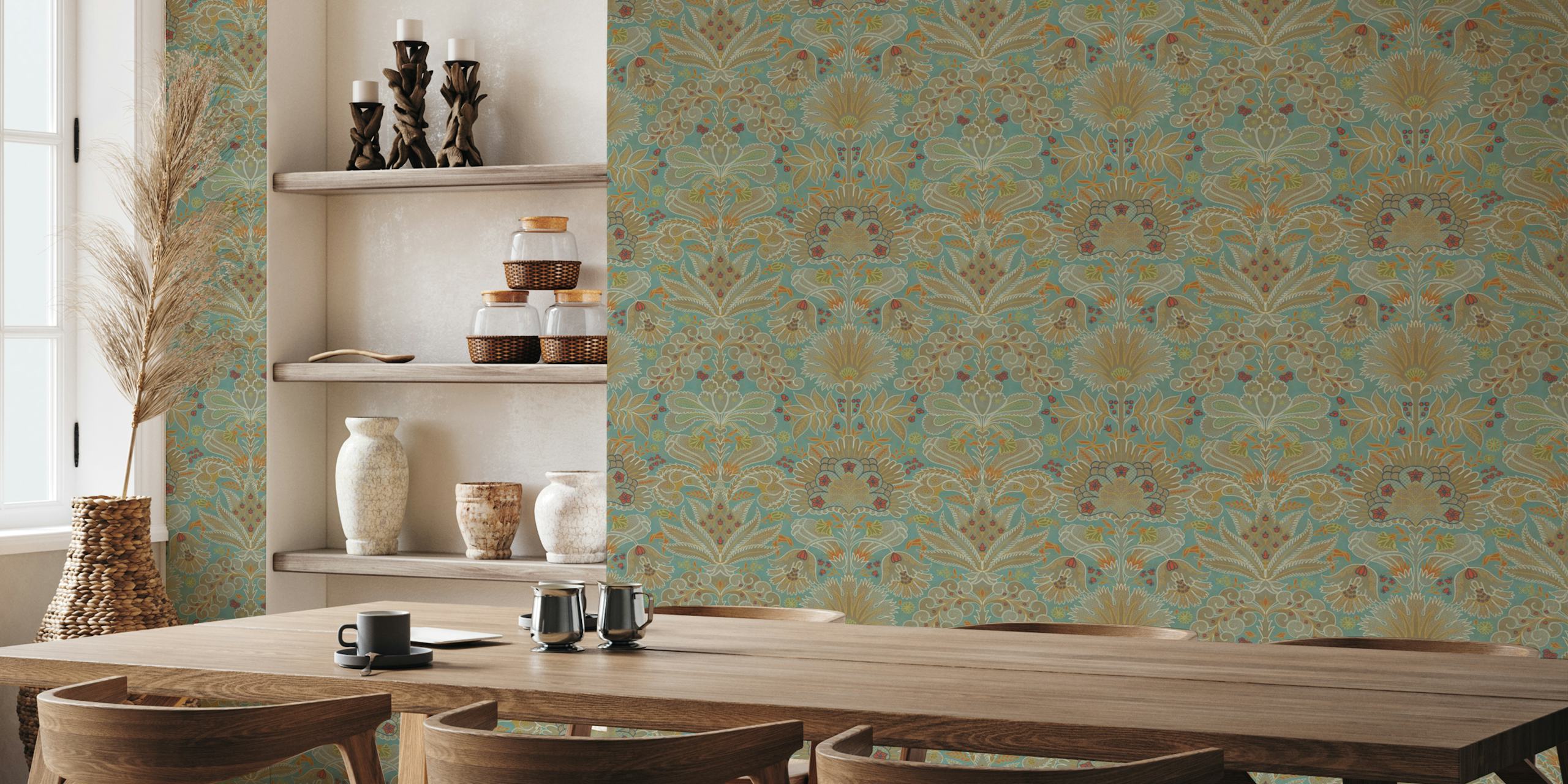 Botanic Damask Duck Egg Blue wallpaper in a room