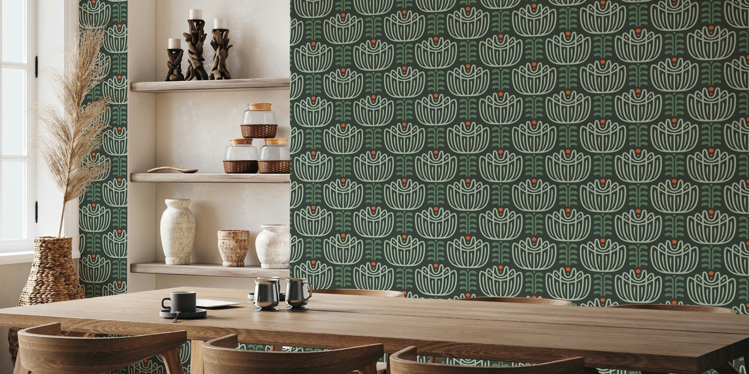 Stylized tulip design in dark green with floral elements wallpaper