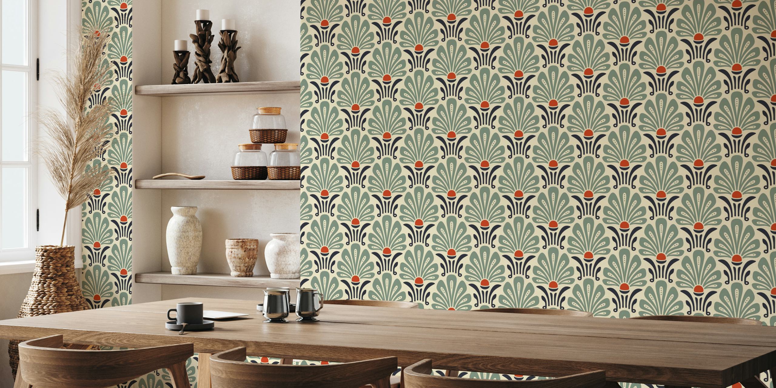 Elegant floral wallpaper i grönt och rött