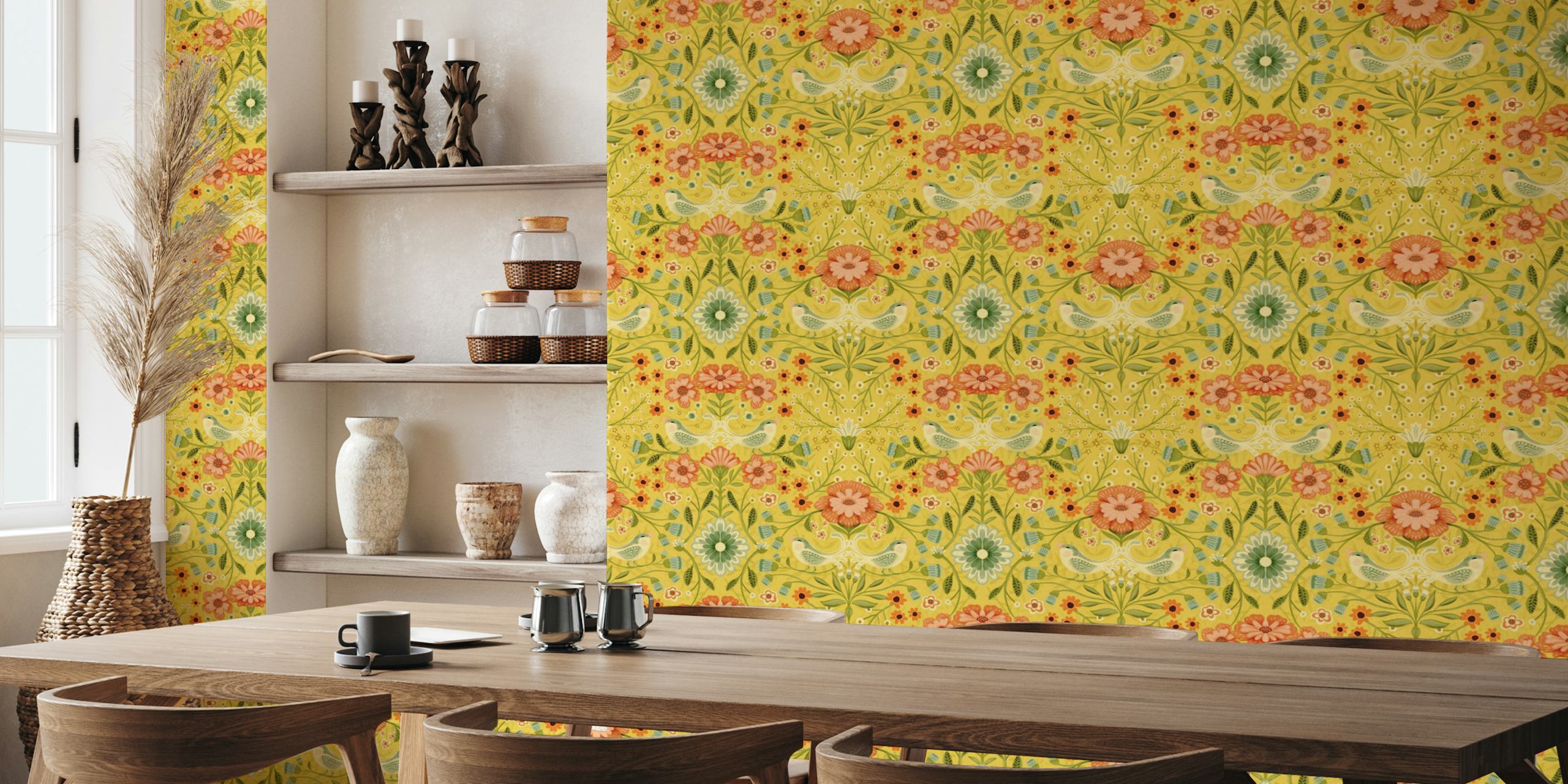 Maximalist floral birds wallpaper dans une pièce vibrante