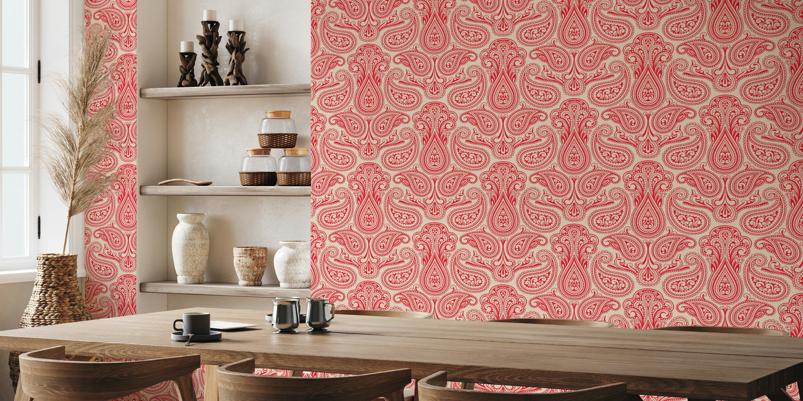 Red paisley wallpaper in a room setting