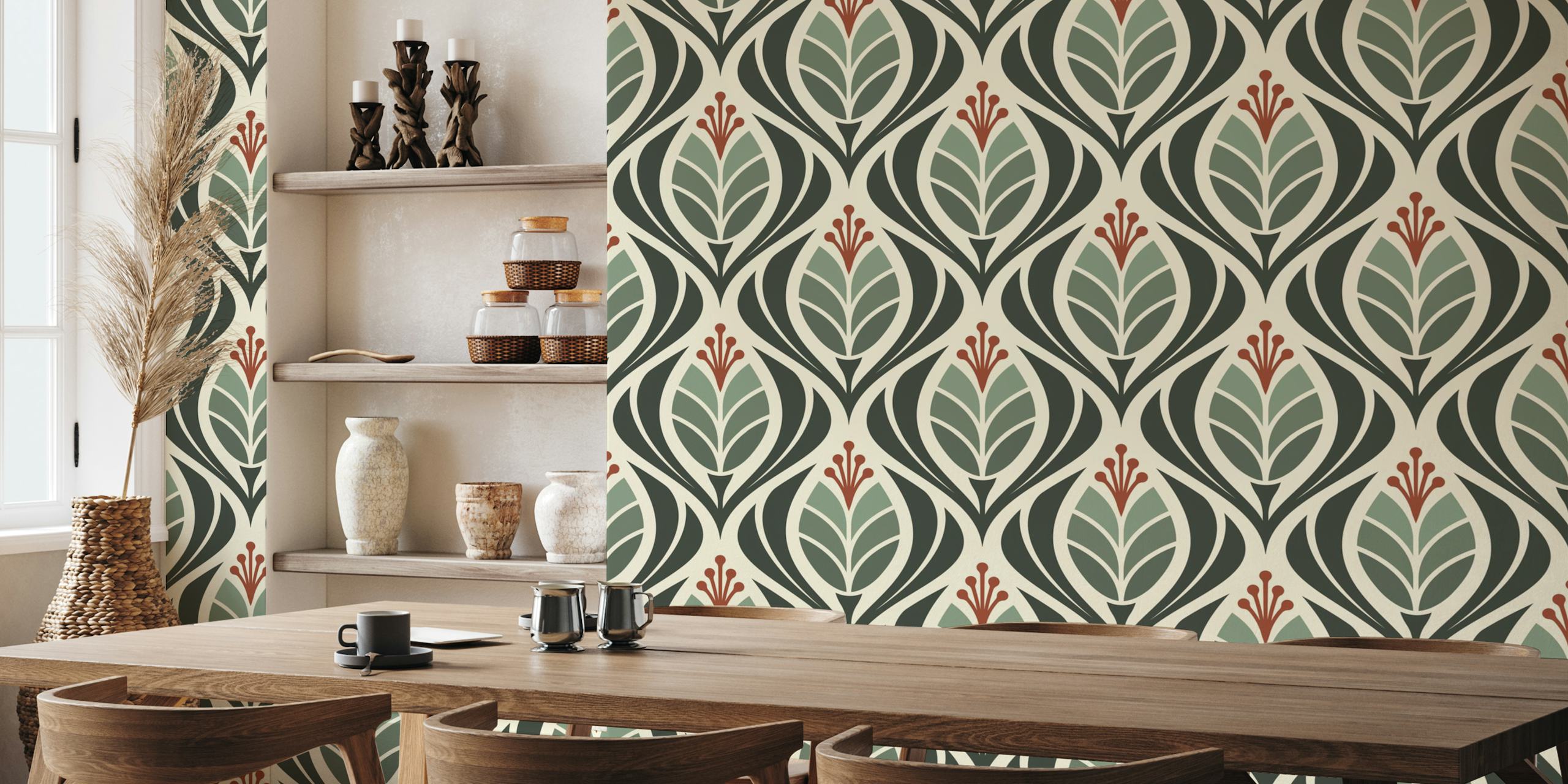 Bold green floral pattern with tulip blossoms wallpaper