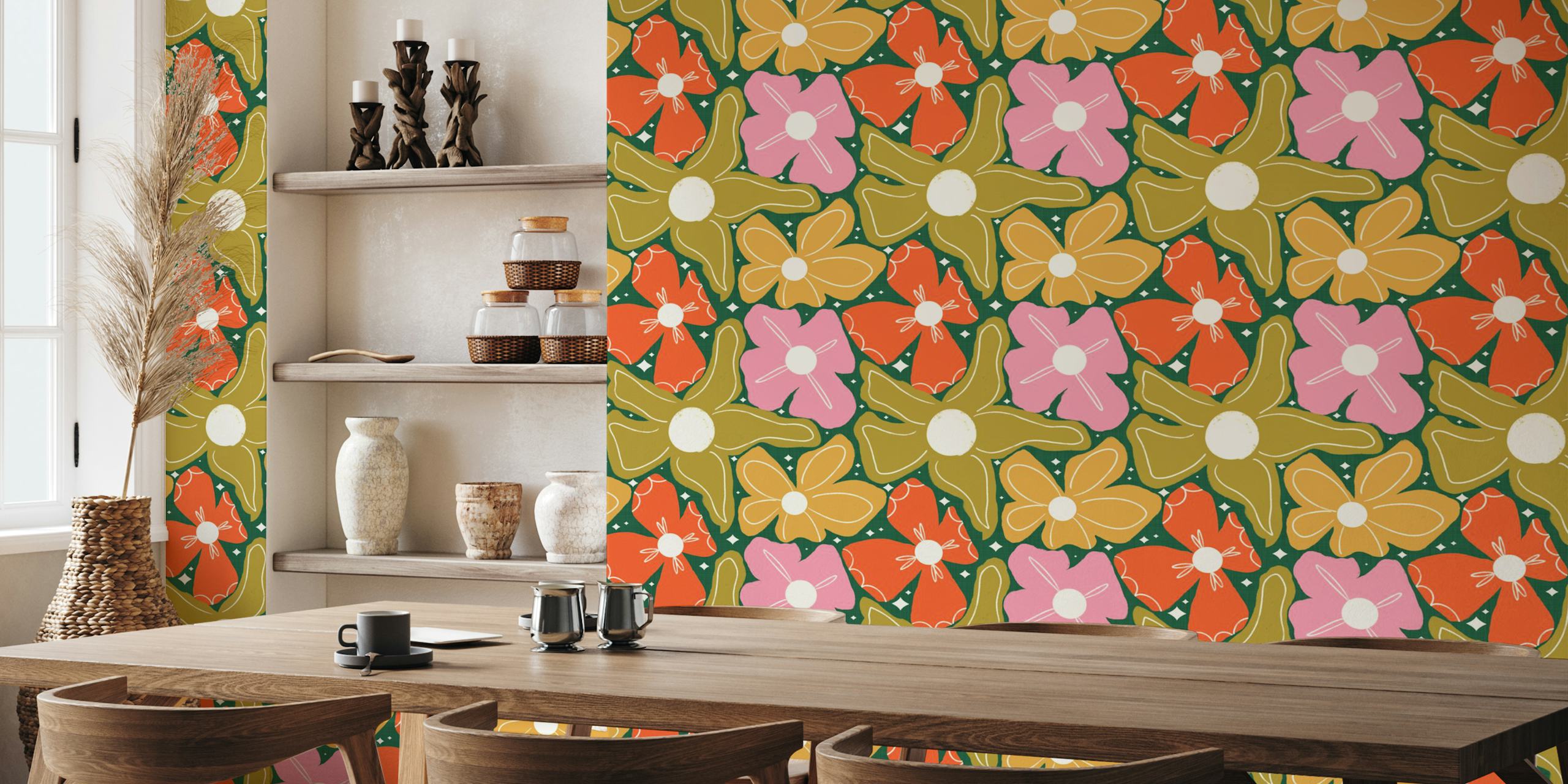 Carta da parati Groovy Petal Retro Garden Floral in una stanza
