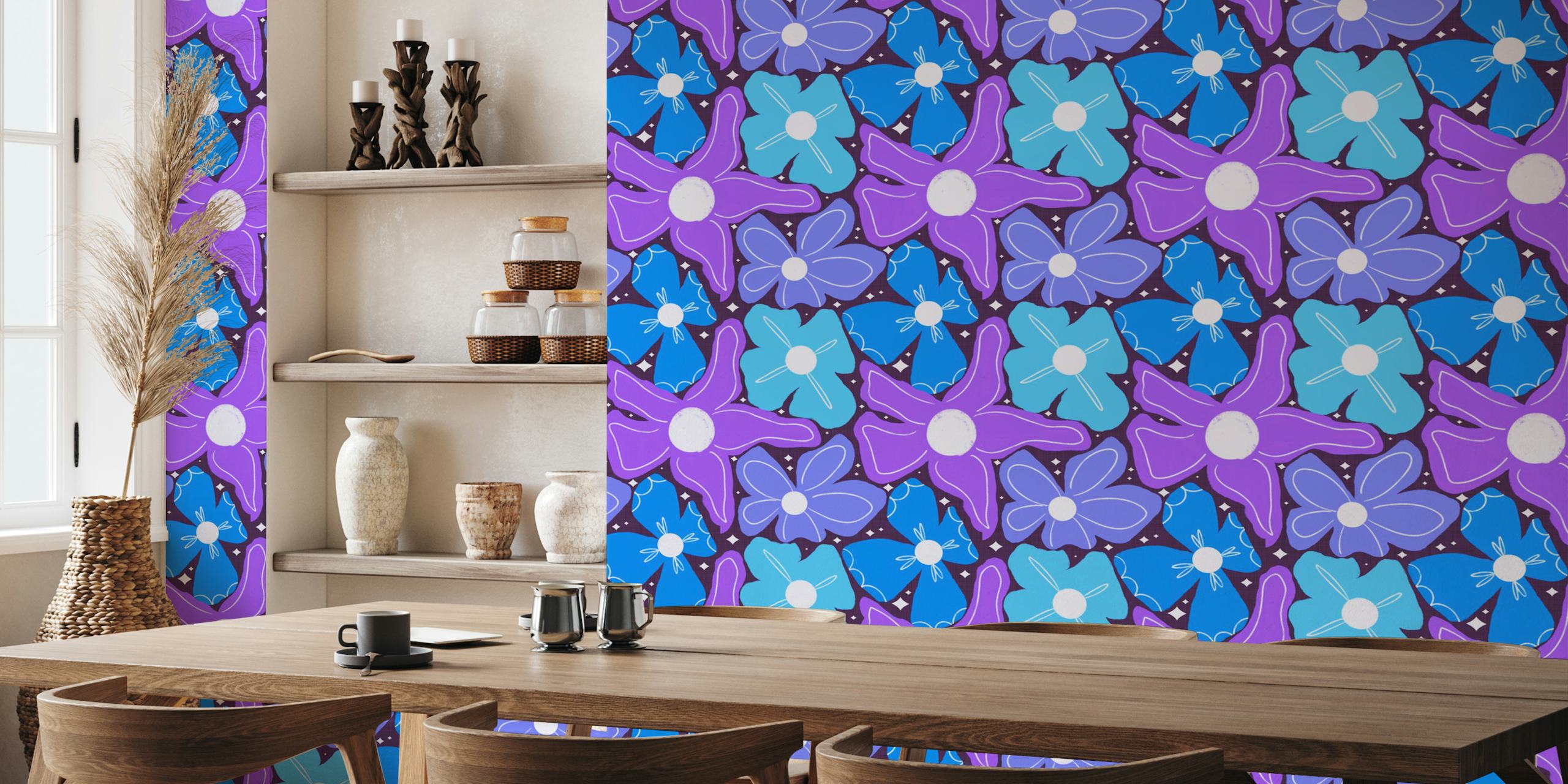 Groovy Petal Retro Garden Floral Blue carta da parati