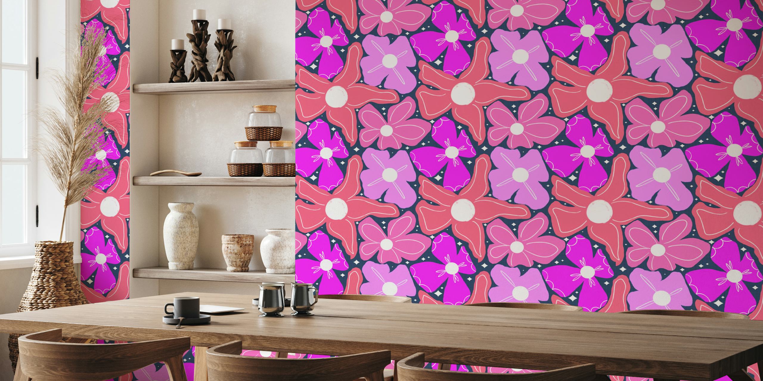 Groovy Petal Retro Garden Floral Pink carta da parati