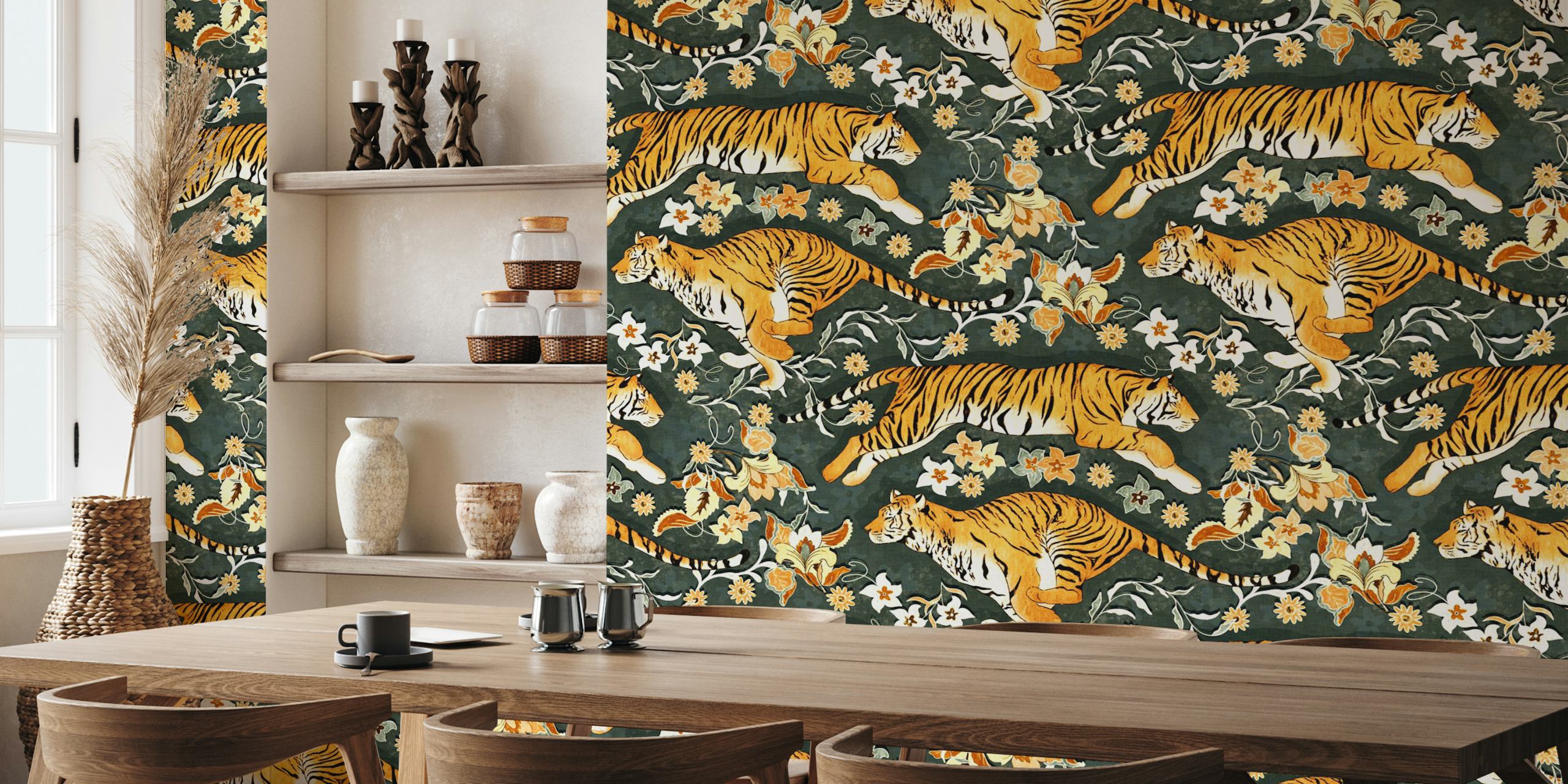 Tigre orange et fleurs sur fond charbon wallpaper