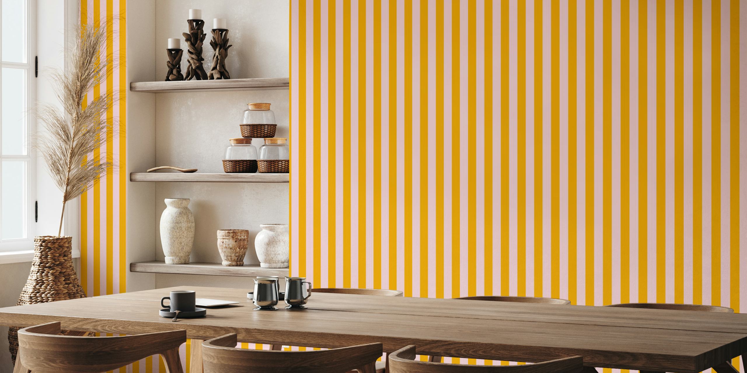 Pink and yellow stripes wallpaper in a room