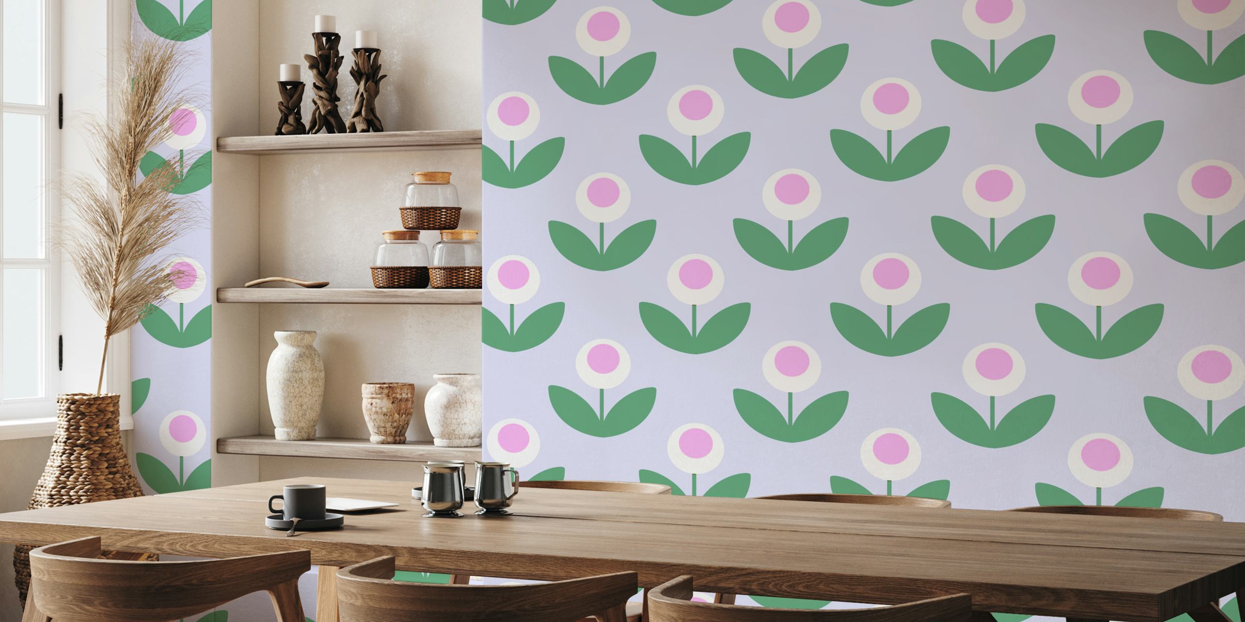 Purple floral wallpaper with circular white flowers and green leaves in a playful design