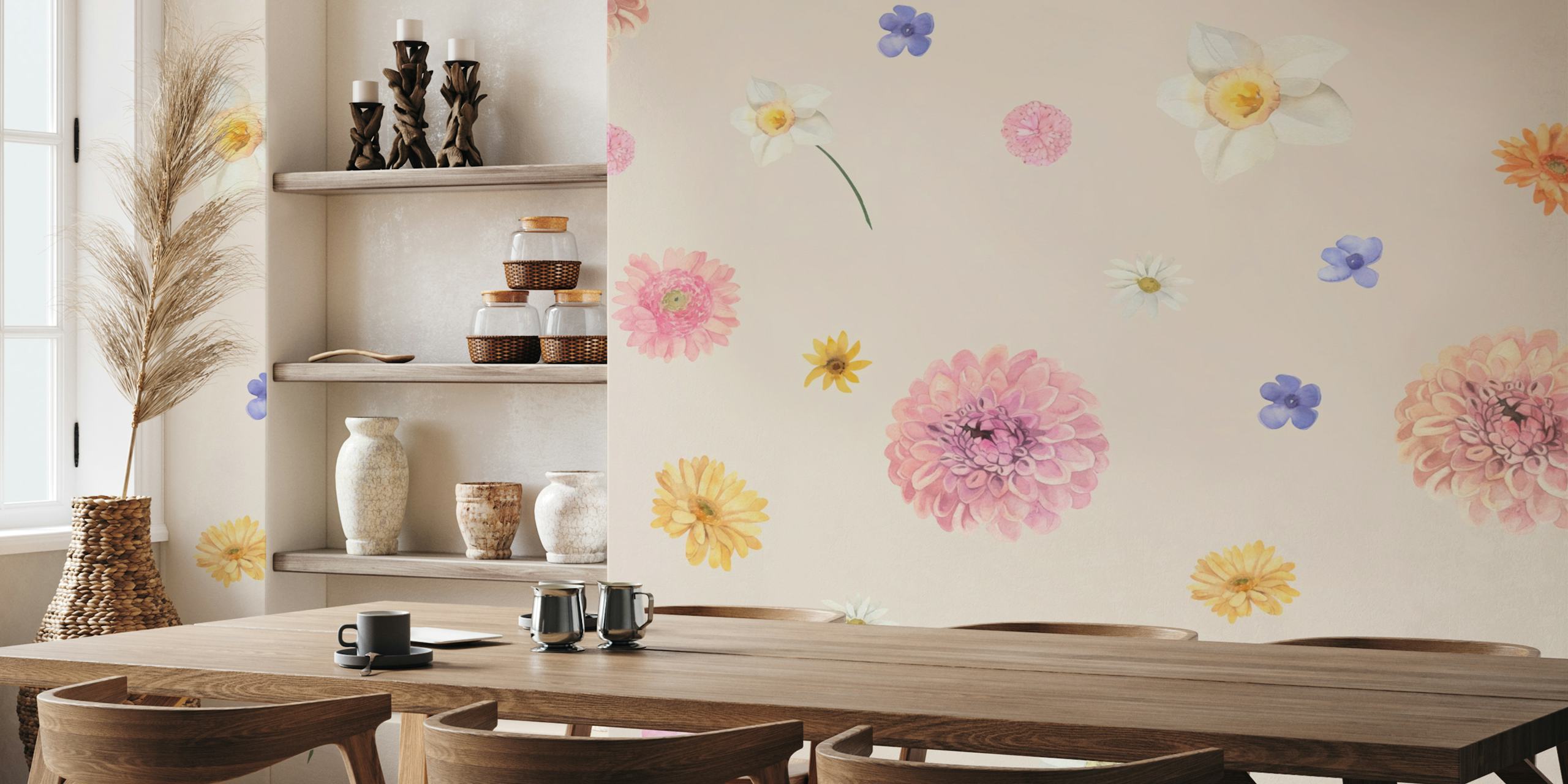 Scattered wildflower pattern in soft pastels on light background wallpaper
