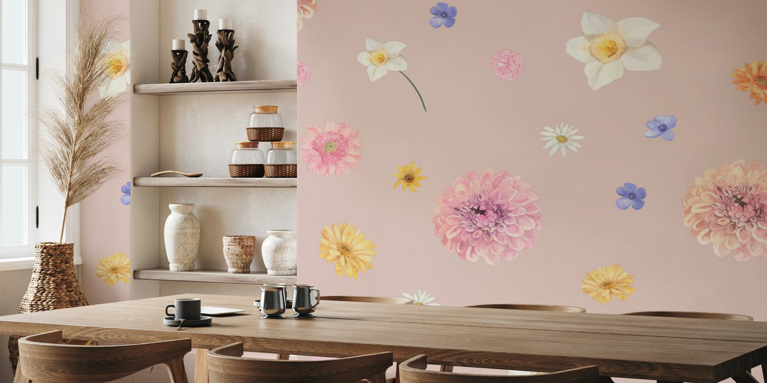 Soft pink floral pattern wallpaper in a room