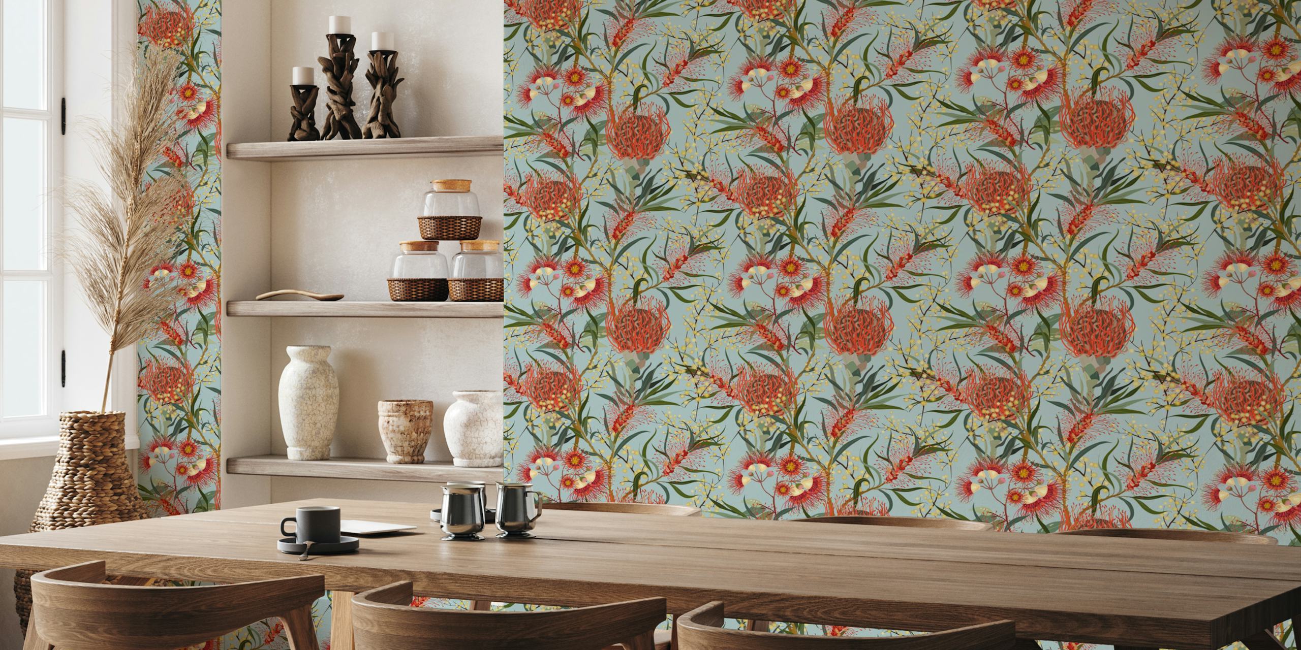 Fresh flower tapestry wallpaper in a room