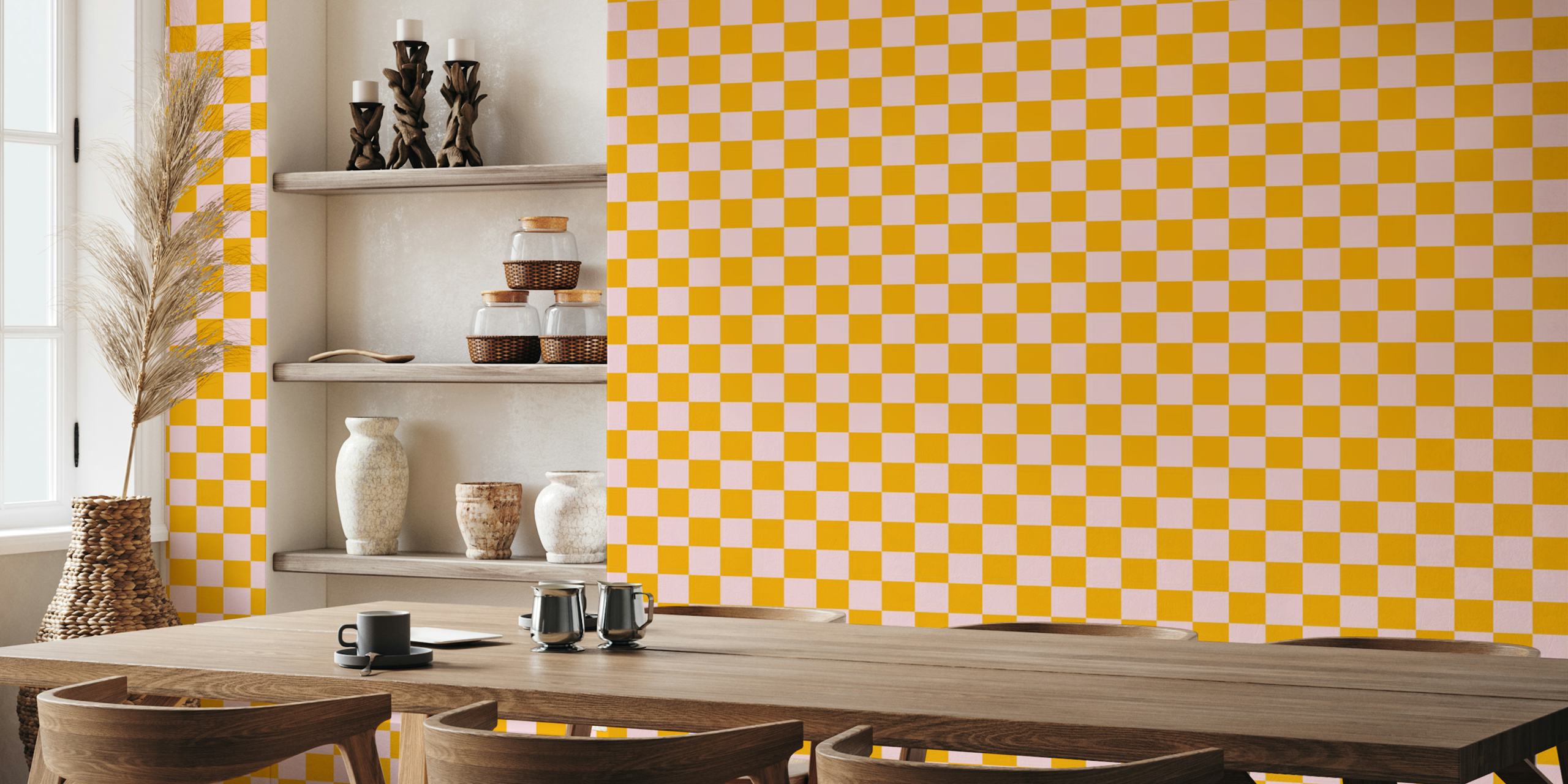 Checkerboard pattern in pink and yellow wallpaper
